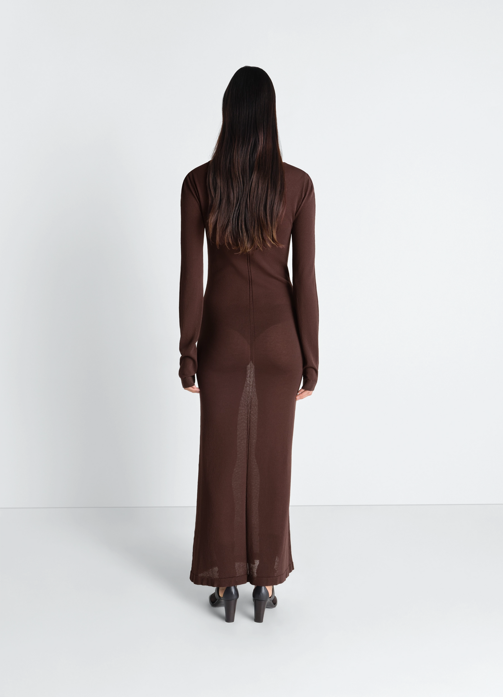 Lemaire long sleeve tube dress in viscose crepe, model shot, back view straight seam detail