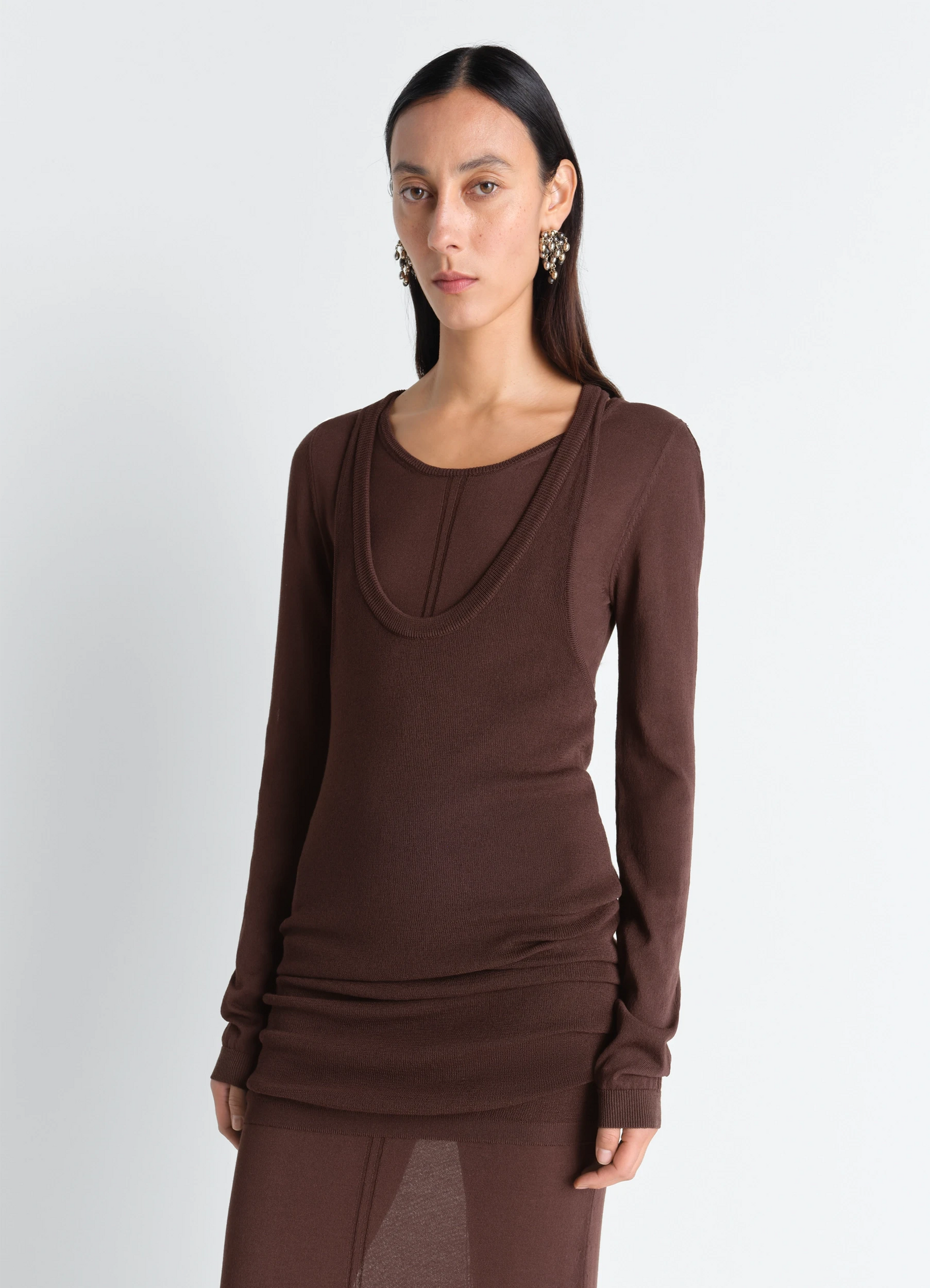 Lemaire long sleeve tube dress in viscose crepe, model shot, three-quarter view layered neckline detail
