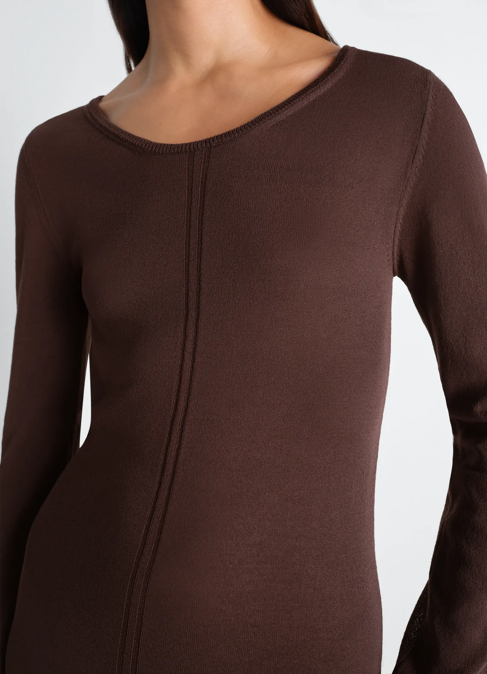 Lemaire long sleeve tube dress in viscose crepe, model shot, close-up neckline view visible seam detail