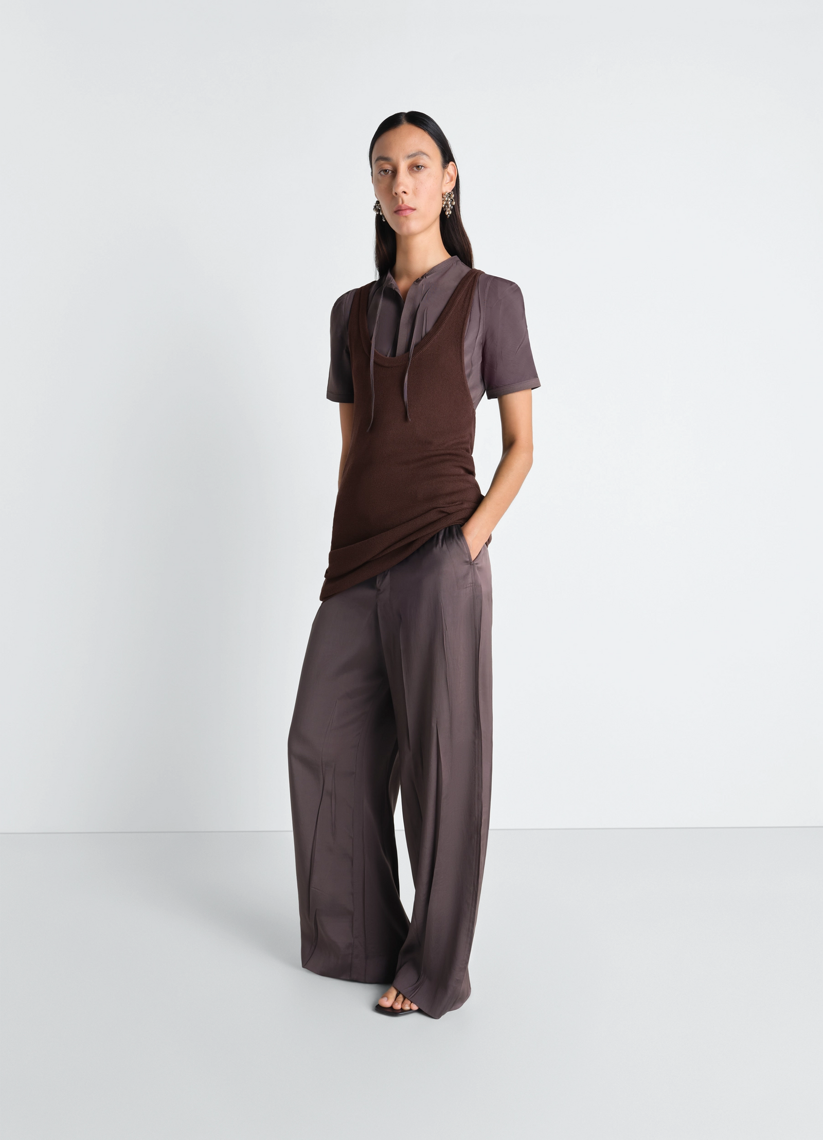 Lemaire tank top mini dress in viscose crepe, model shot, side view layered look