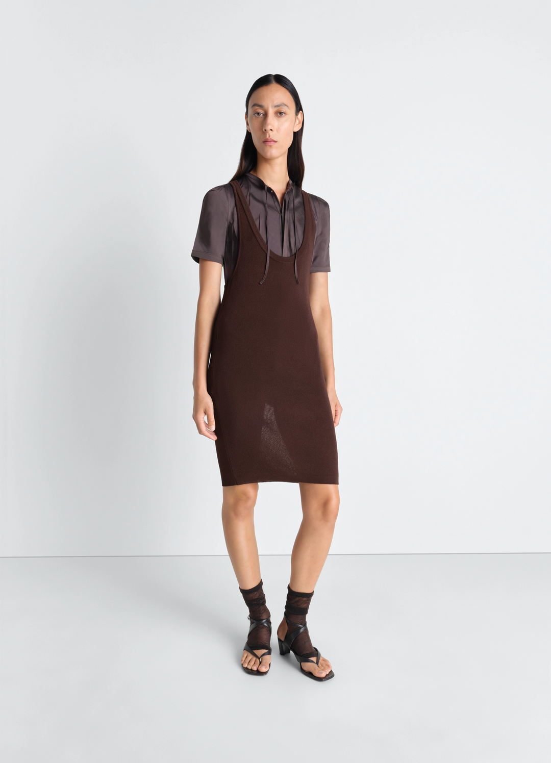 Lemaire Tank Top Mini Dress in Viscose Crepe, model shot, Front view Form-fitted cut