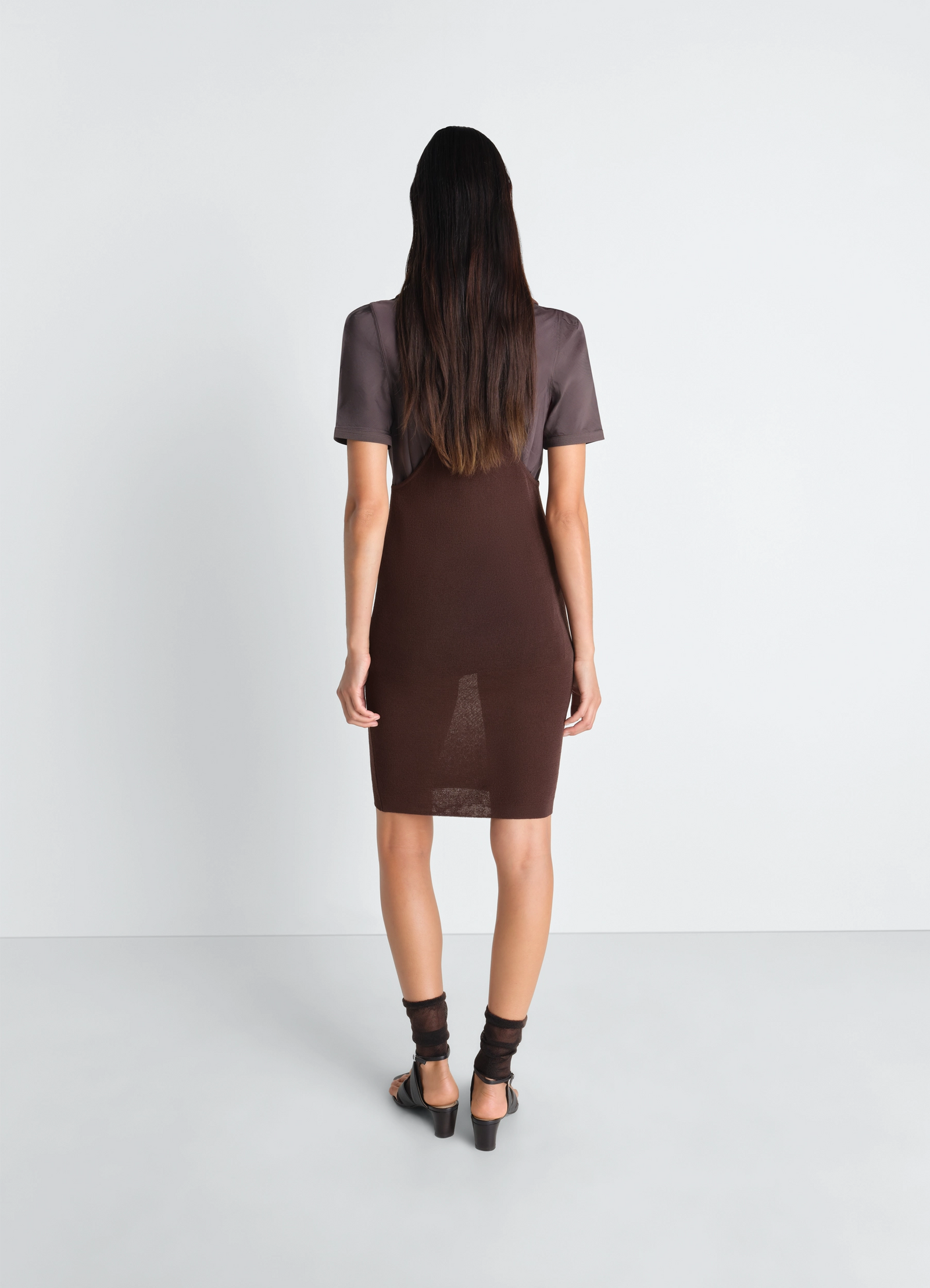 Lemaire tank top mini dress in viscose crepe, model shot, back view semi-sheer back panel