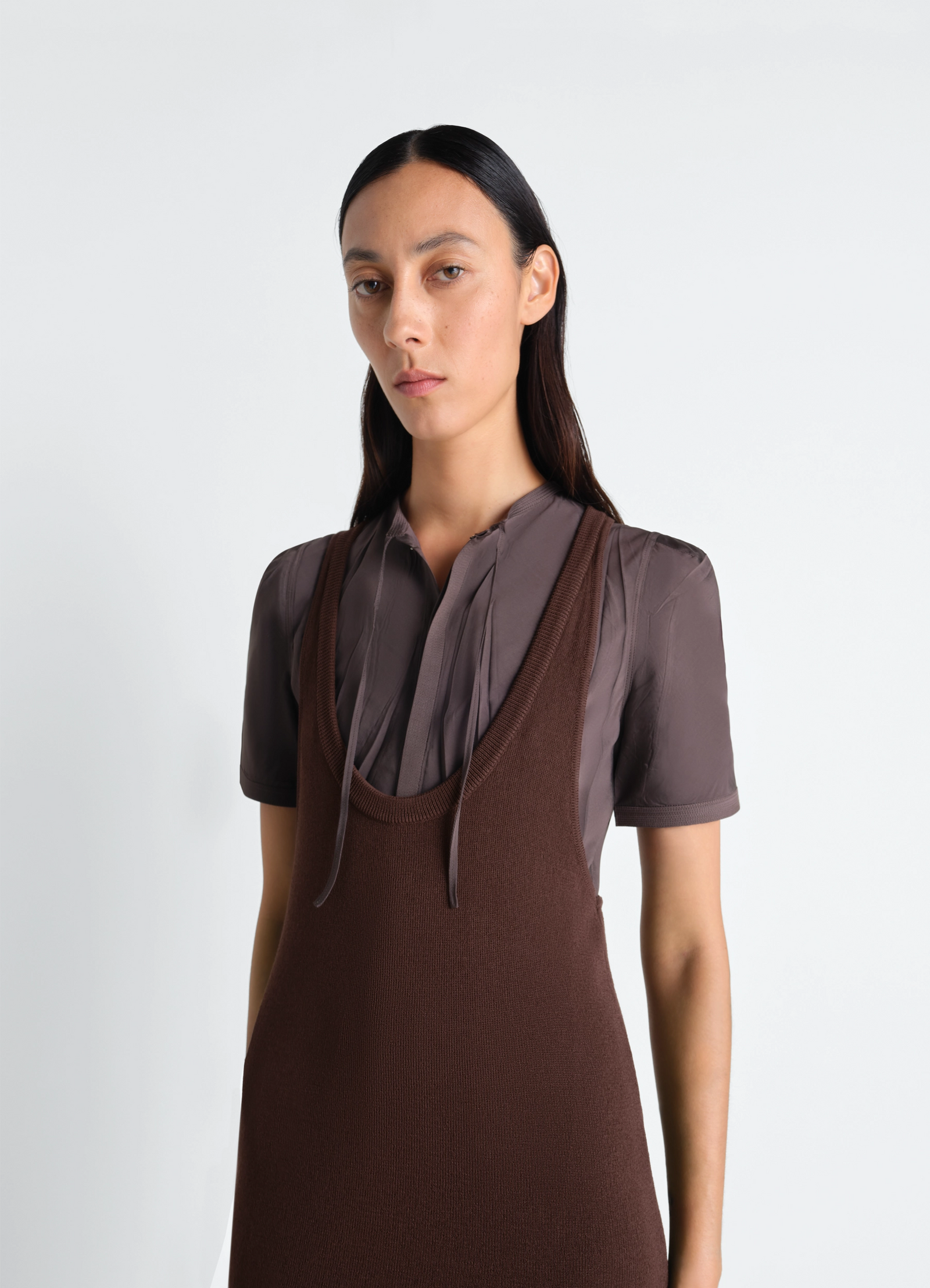 Lemaire tank top mini dress in viscose crepe, model shot, three-quarter view deep scoop neckline