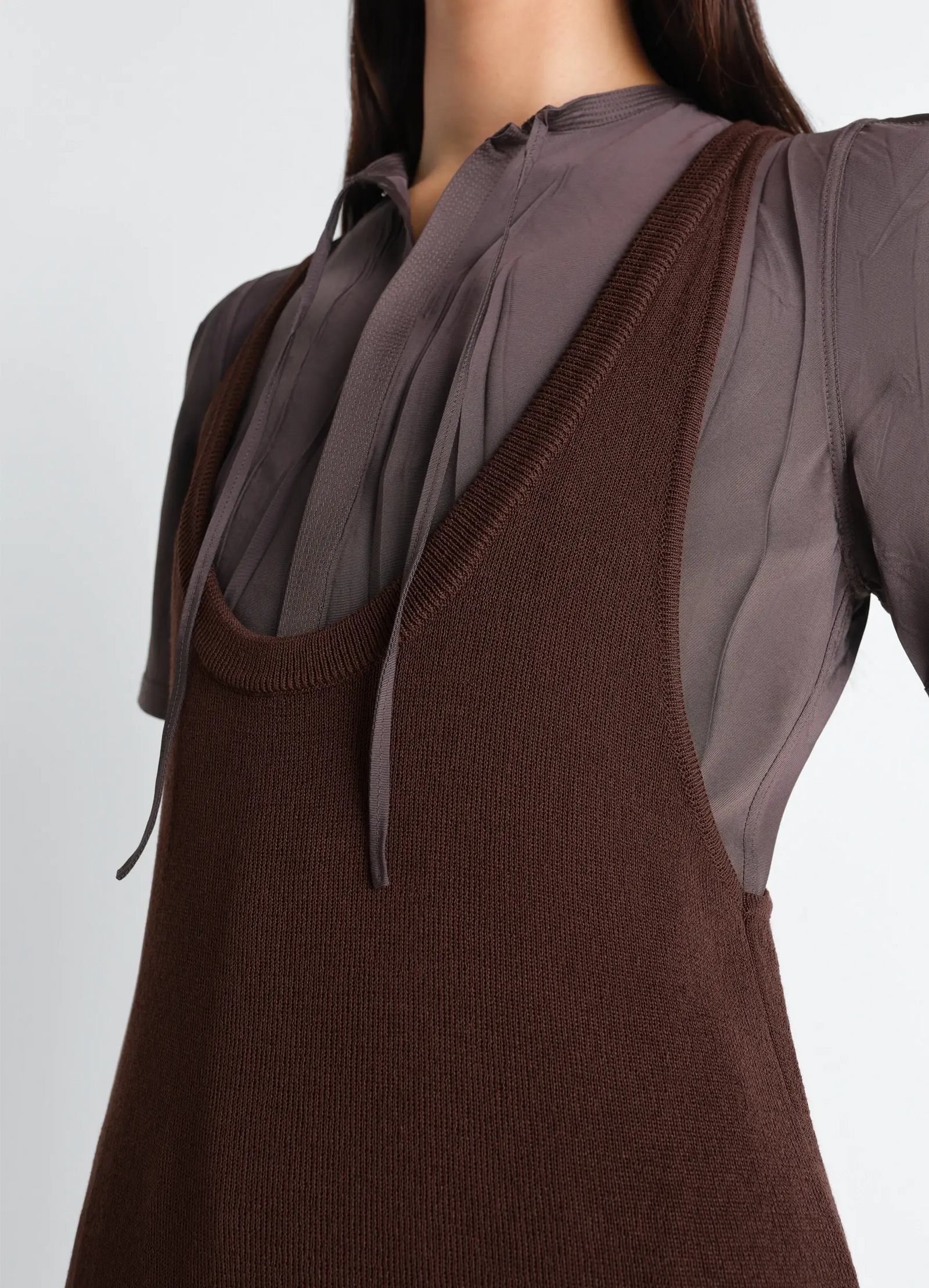 Lemaire tank top mini dress in viscose crepe, model shot, close-up detail shot soft knit layered texture