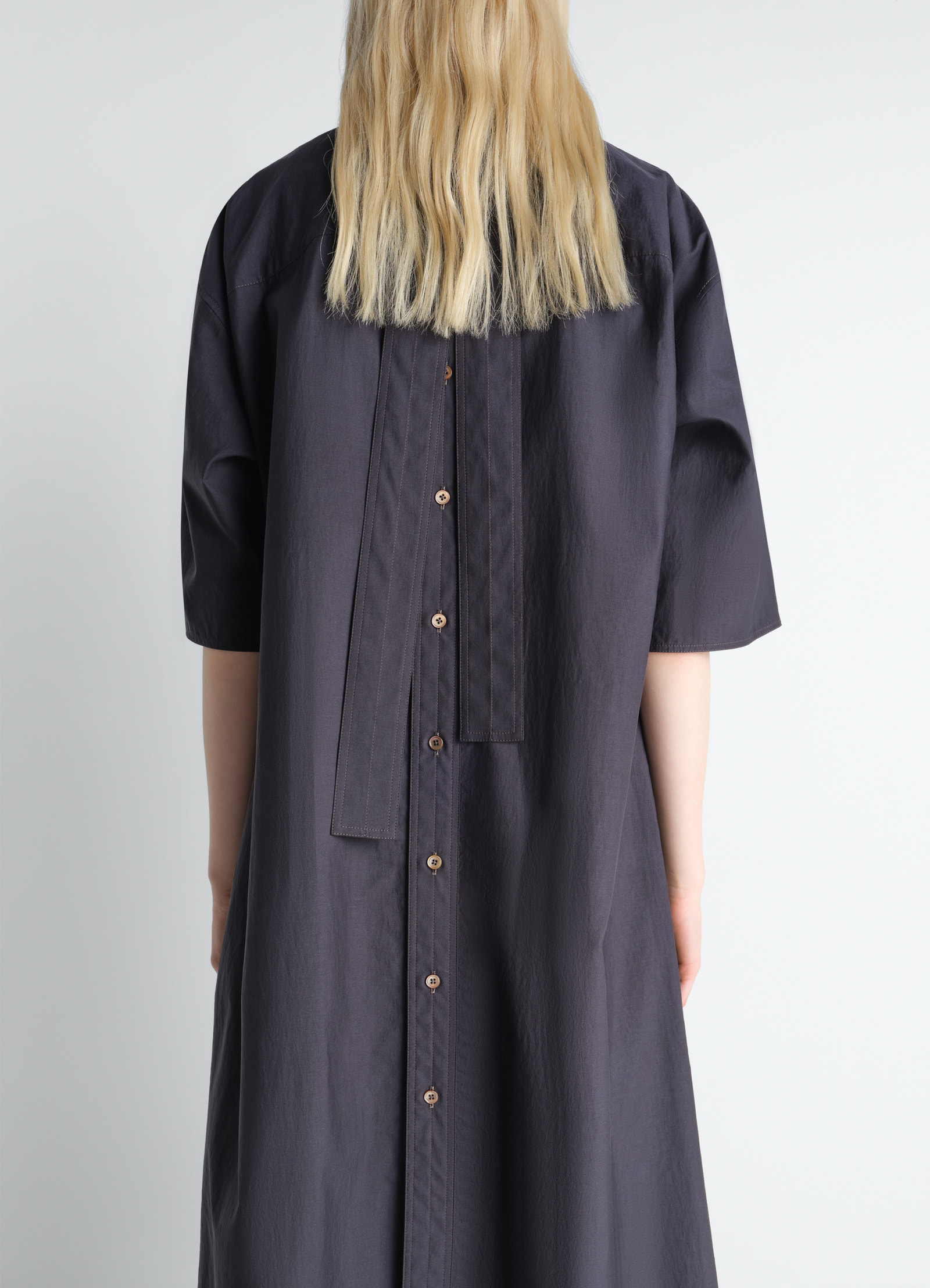 Reversible tube dress in washed cotton silk, model shot, back view buttoned back detail