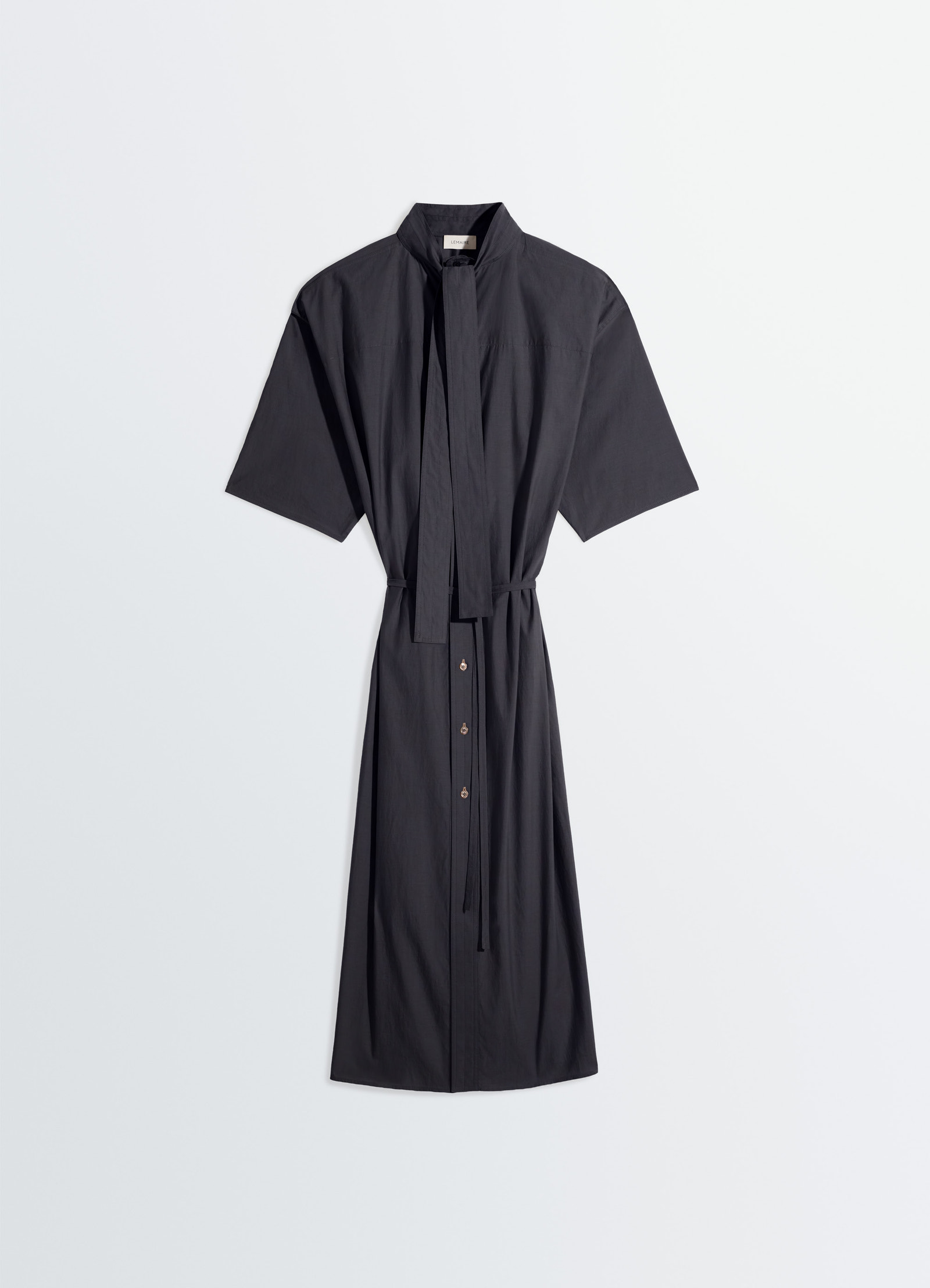 Reversible tube dress in washed cotton silk, product shot, belted front view short sleeve, tie-belt, high collar