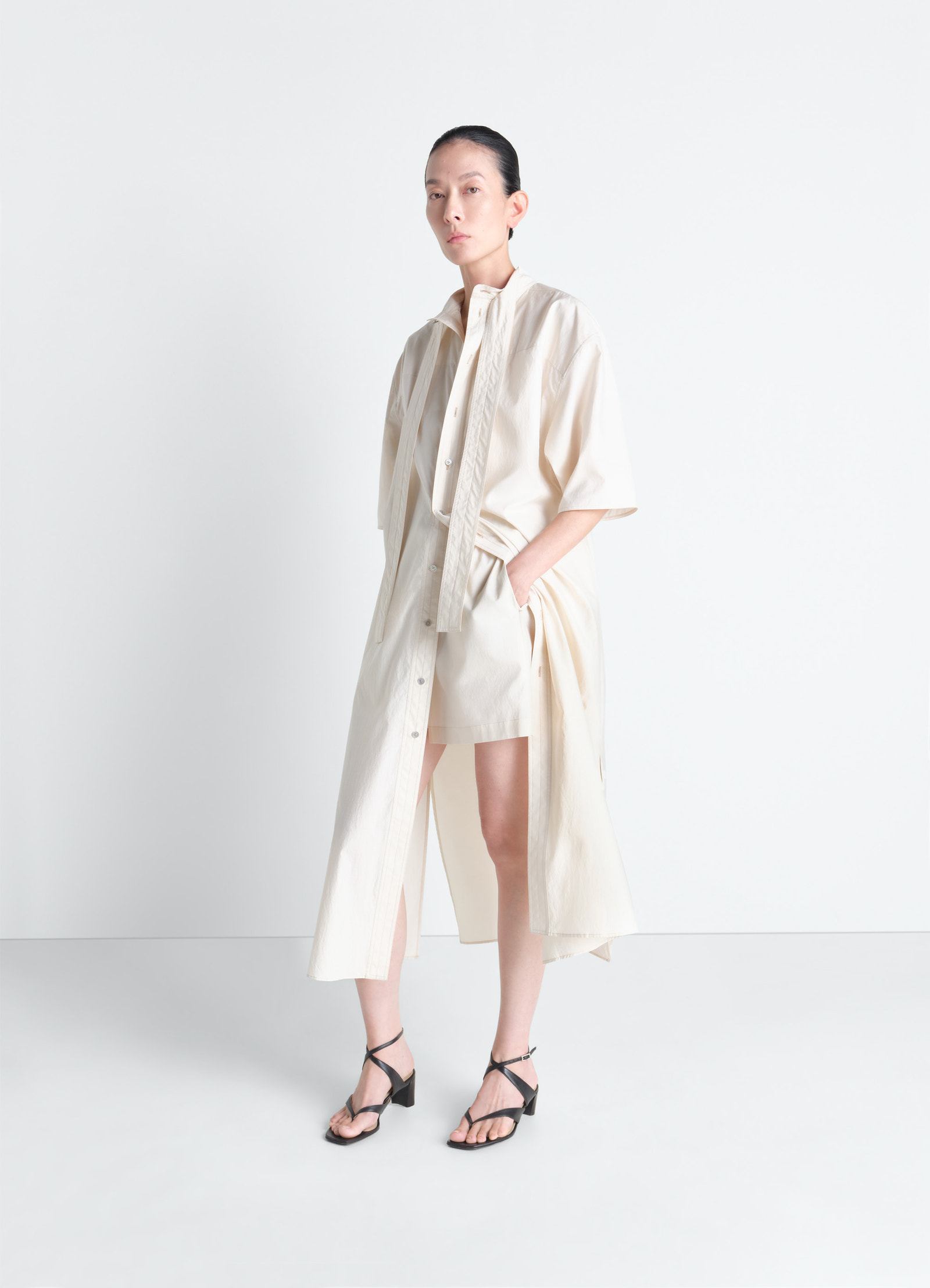 Reversible tube dress in washed cotton silk, model shot, front view tie-neck scarf