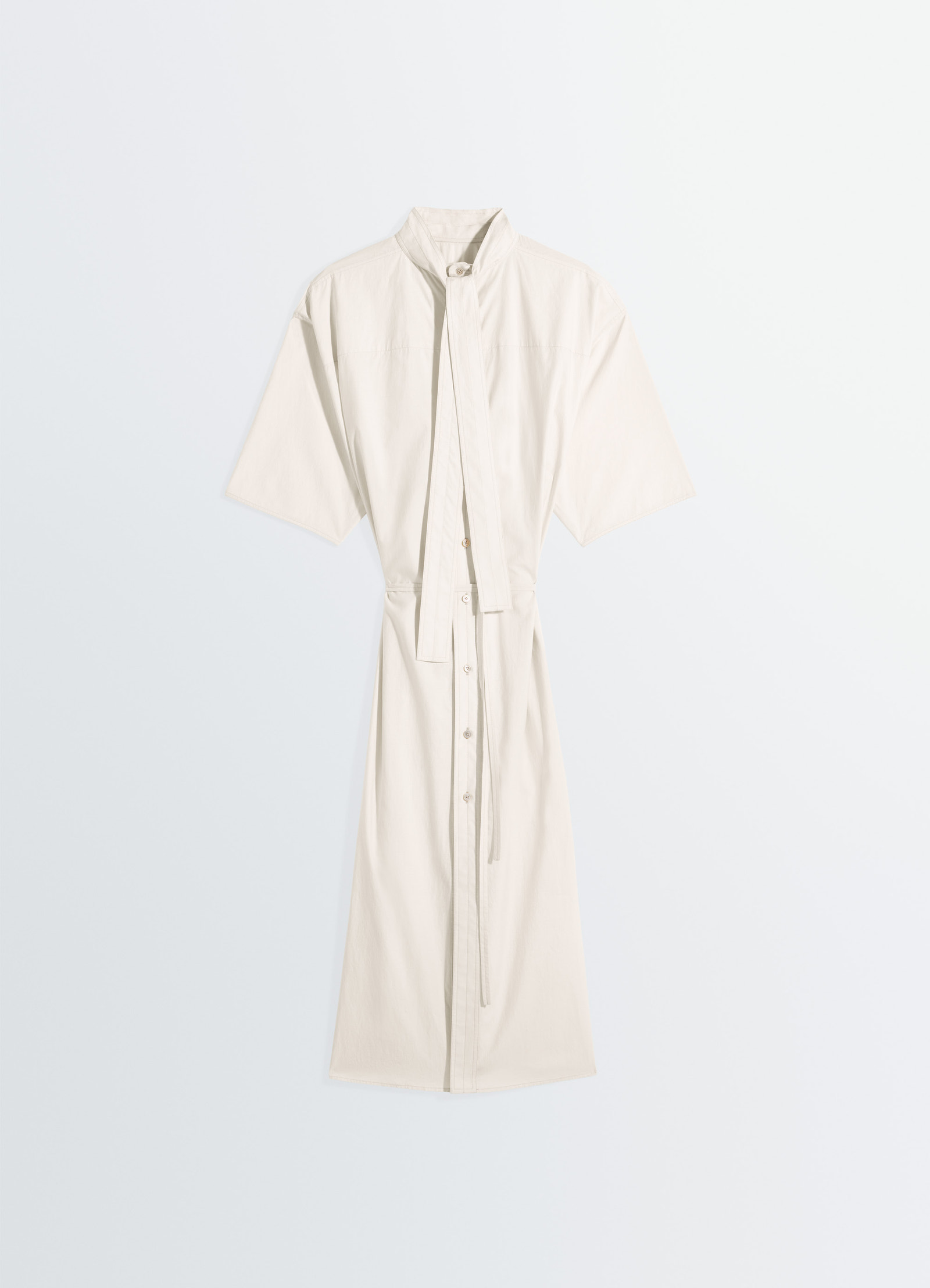 Reversible tube dress in washed cotton silk, product shot, top-down flat lay short sleeves with tie belt