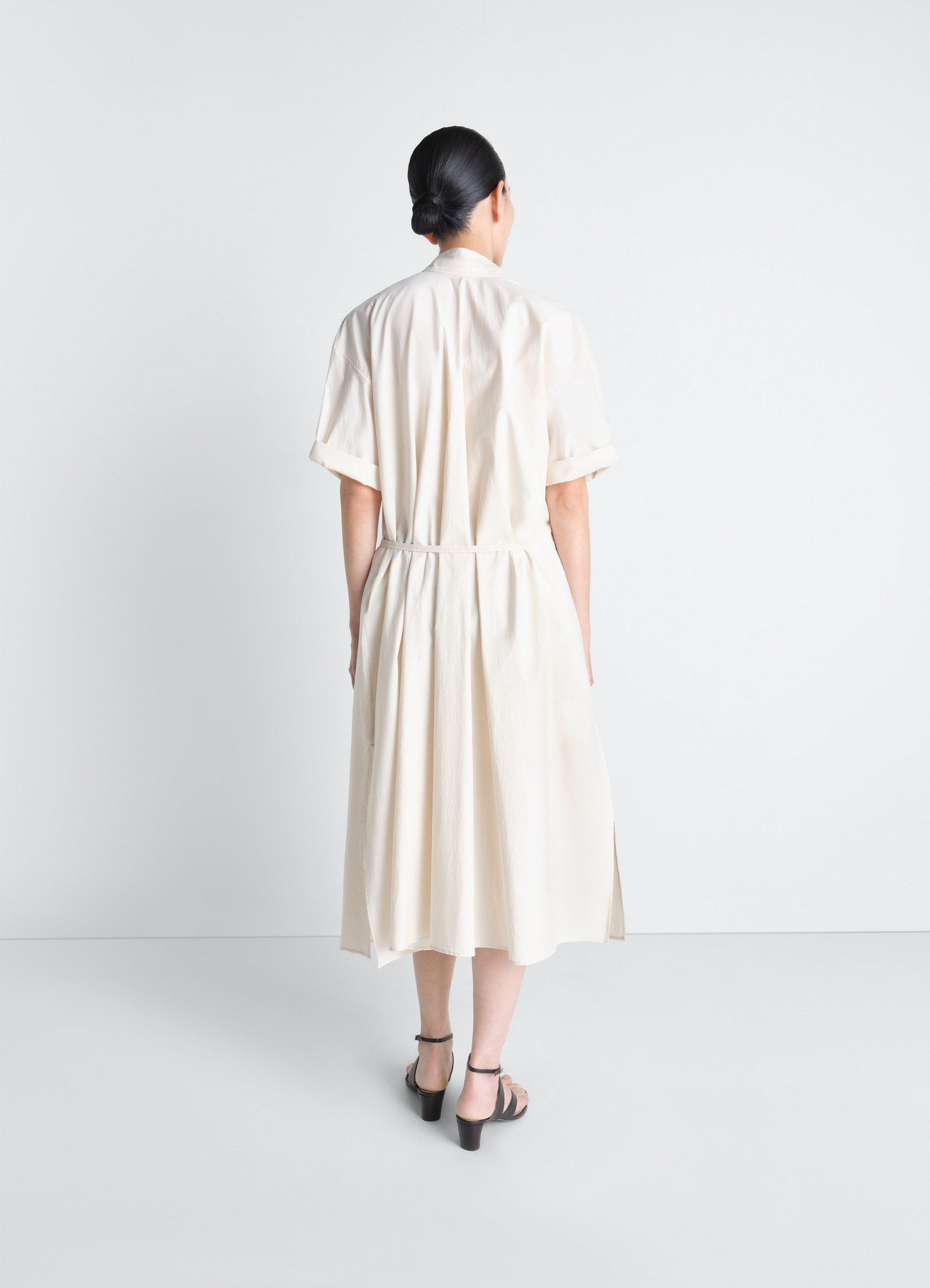 Reversible tube dress in washed cotton silk, model shot, back view ruched waist detail