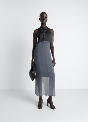 Lemaire column dress in crepe de chine viscose, model shot, front view tunic-like construction
