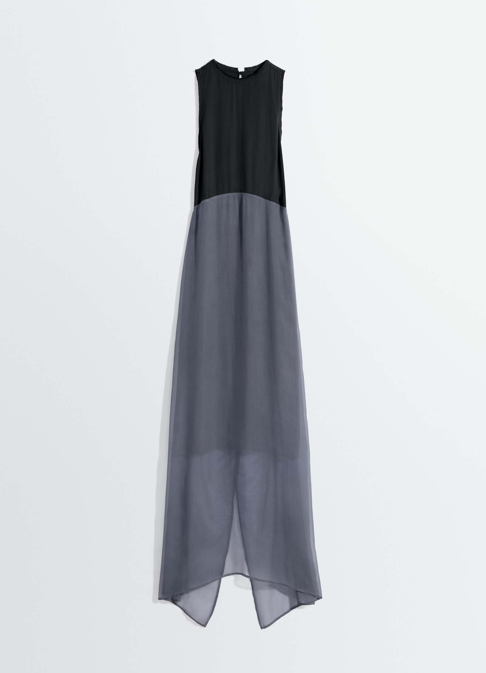 Lemaire column dress in crepe de chine viscose, product shot, side view sheer split hem