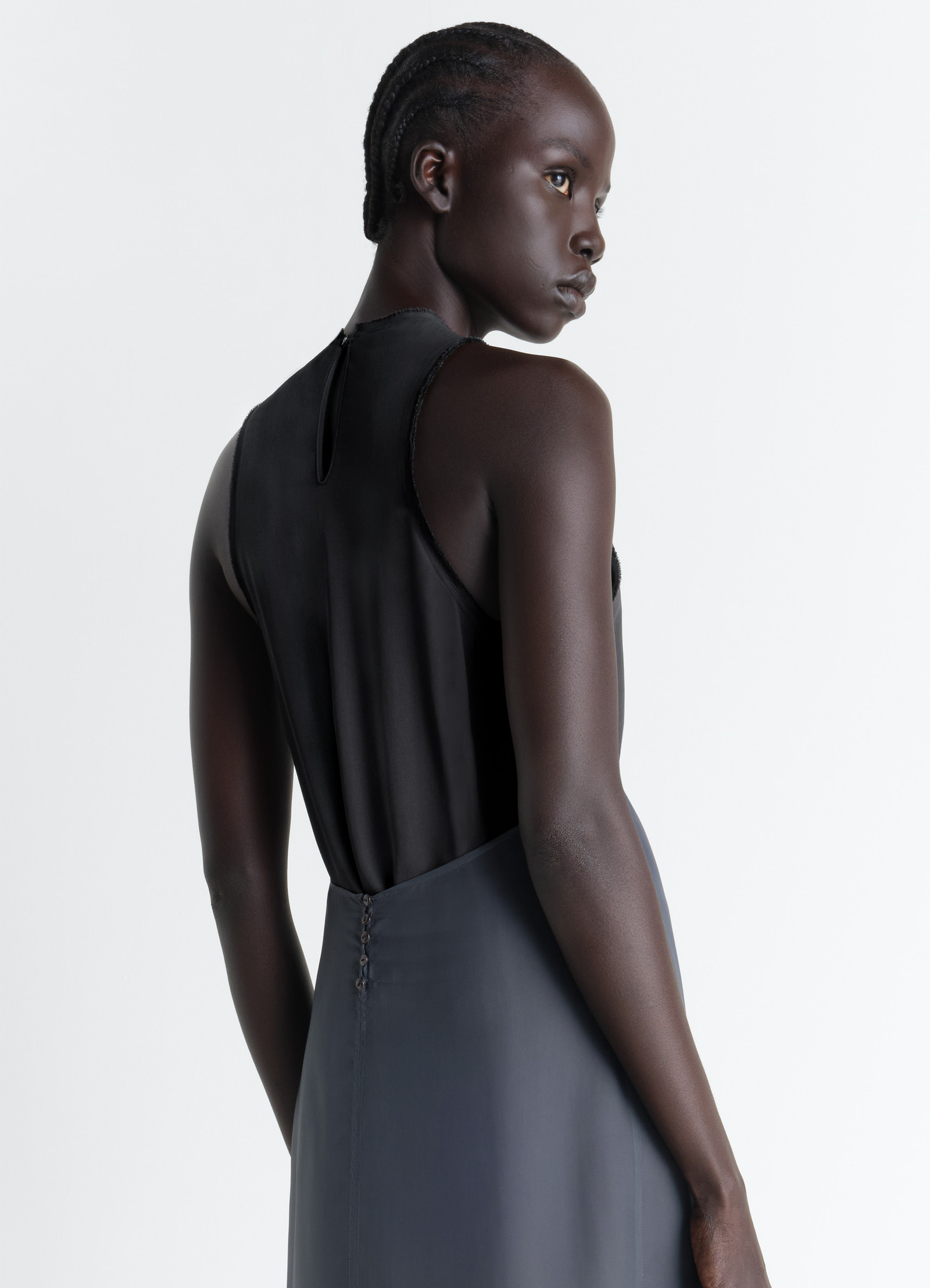 Lemaire column dress in crepe de chine viscose, model shot, back view keyhole back, form-fitting
