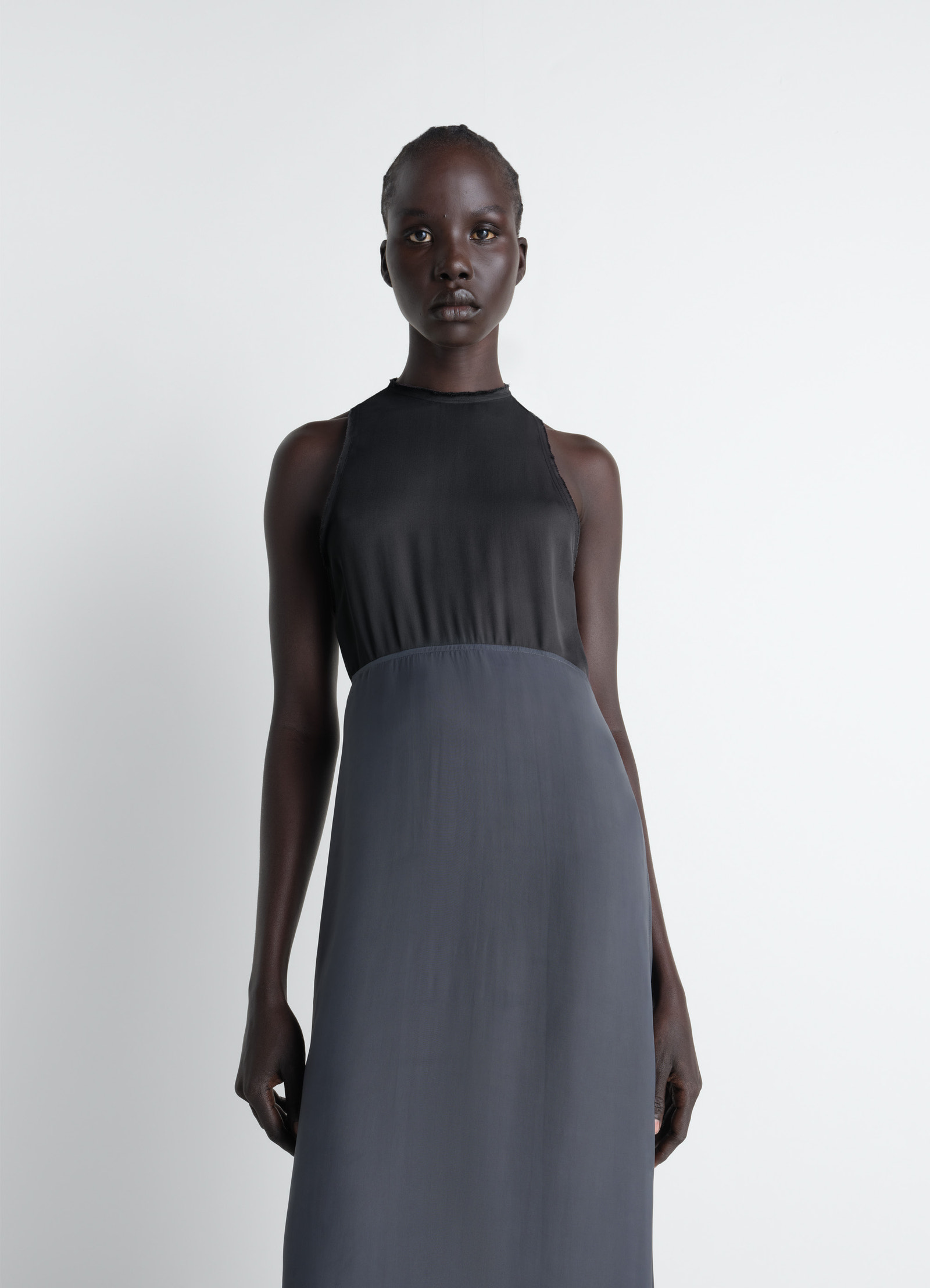 Lemaire column dress in crepe de chine viscose, model shot, close-up front view sleeveless high neck