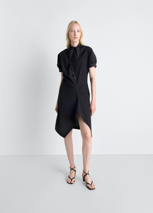 Lemaire soft collar dress in crepe cotton, model shot, front view asymmetric shirtdress