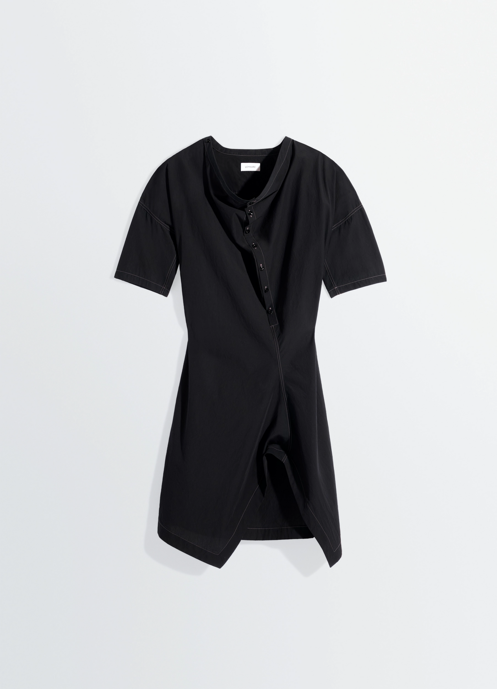 Lemaire soft collar dress in crepe cotton, product shot, top-down view draped open collar