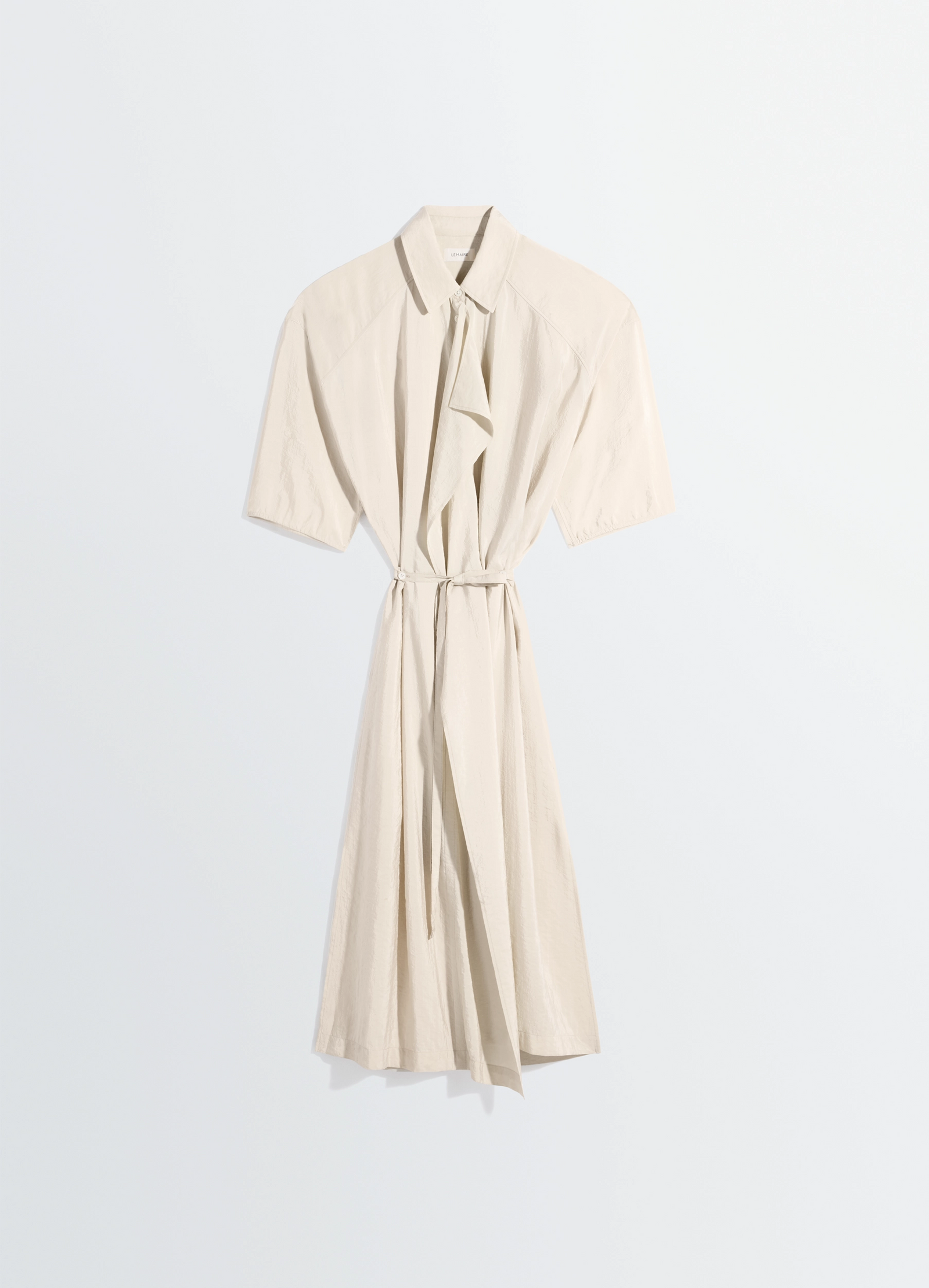 Asymmetrical shirt dress in dry silk, product shot, side view short sleeves with draped collar