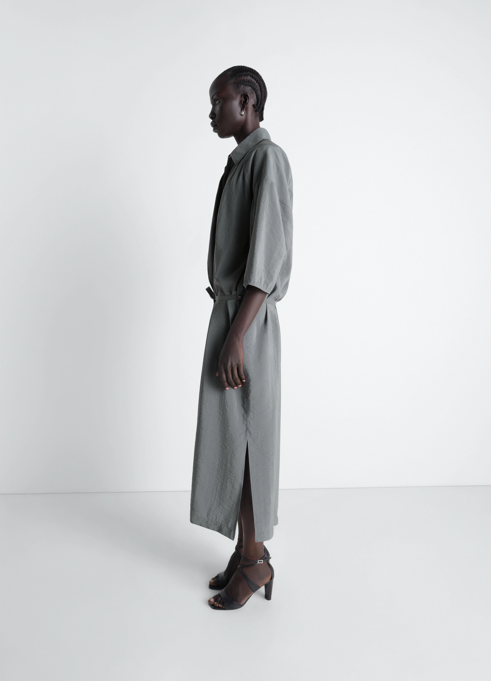 Lemaire asymmetrical shirt dress in dry silk, model shot, side view side slit, elbow-length sleeves