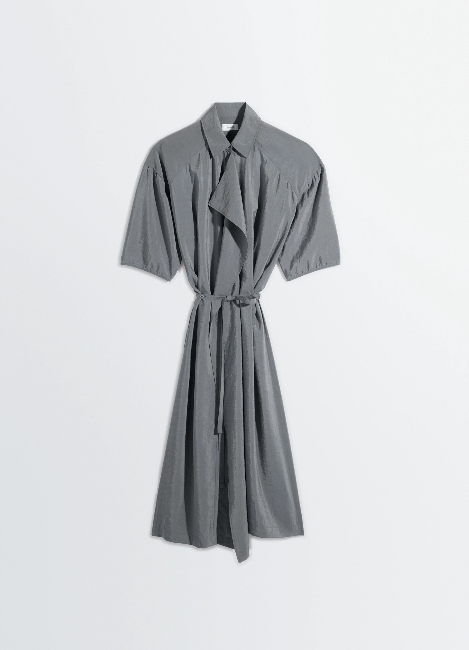 Lemaire asymmetrical shirt dress in dry silk, product shot, hanger front view asymmetrical draped collar