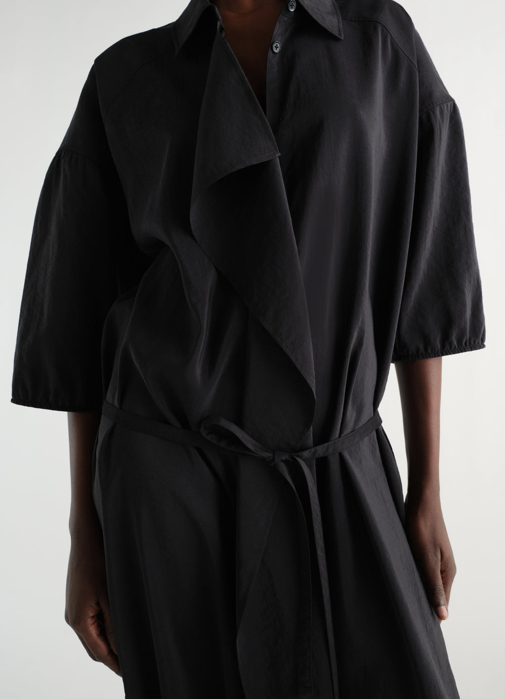 Asymmetrical Shirt Dress in Dry Silk, model shot, close-up front view asymmetrical drape, tie waist