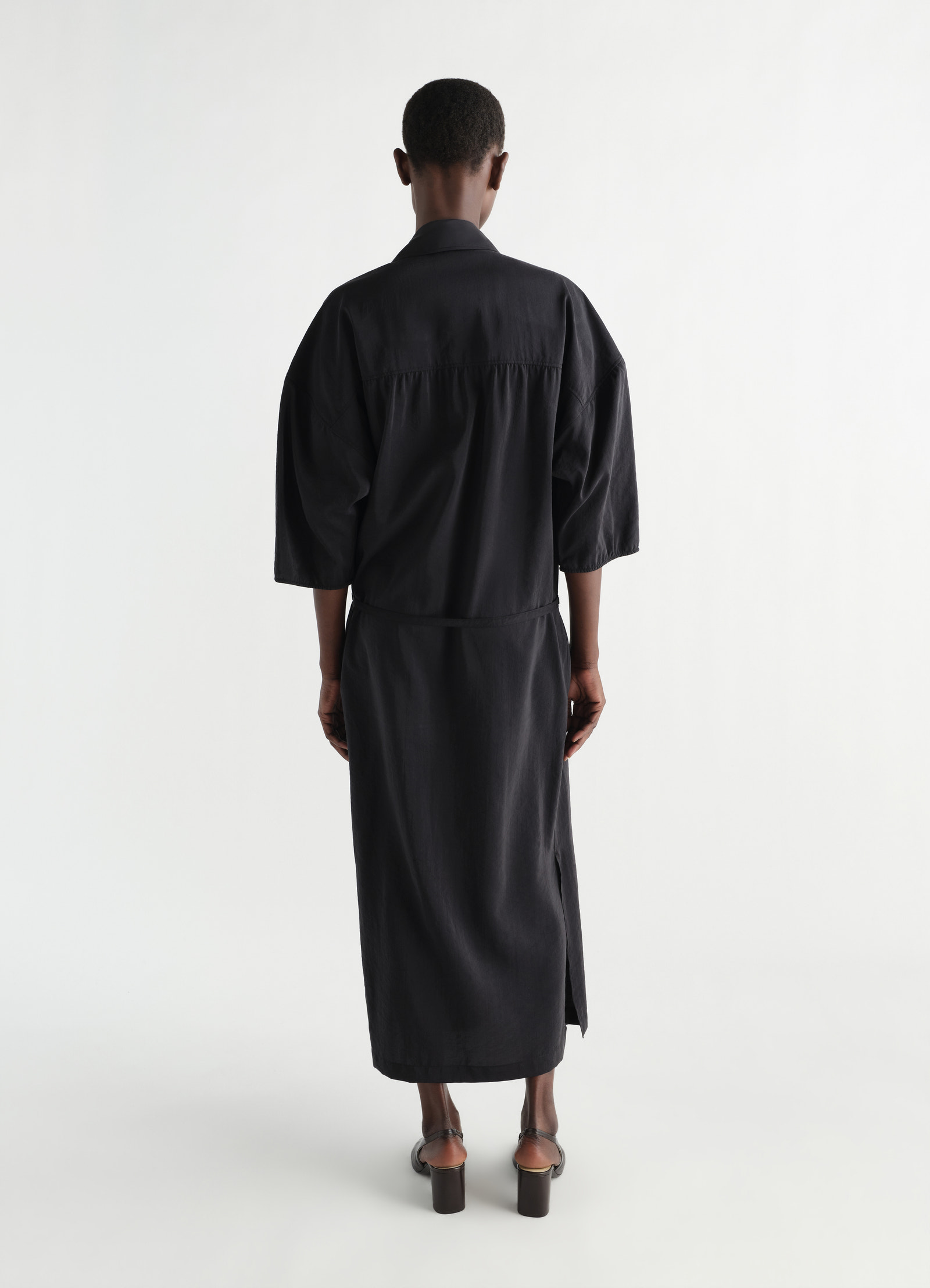 Asymmetrical shirt dress in dry silk, model shot, back view gathered back yoke