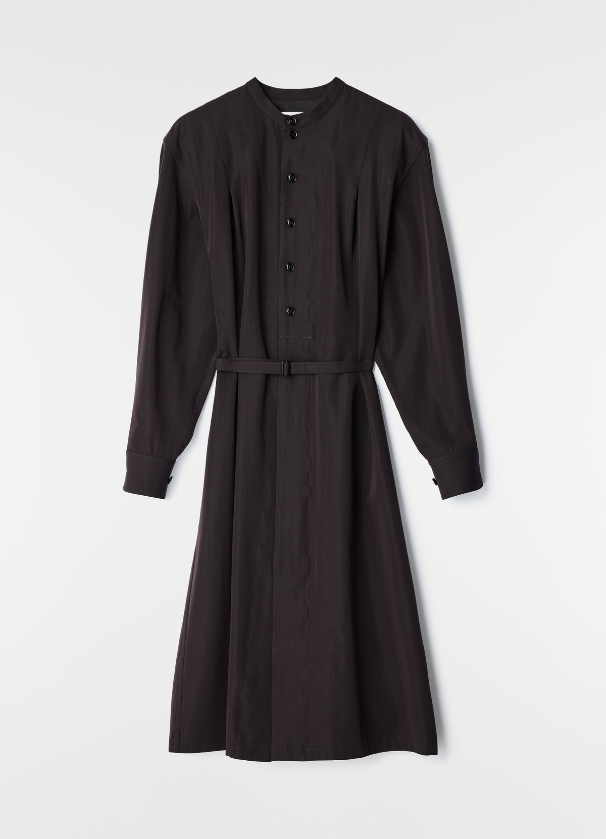 Belted black wool gabardine dress with buttons and long sleeves lemaire plain white background