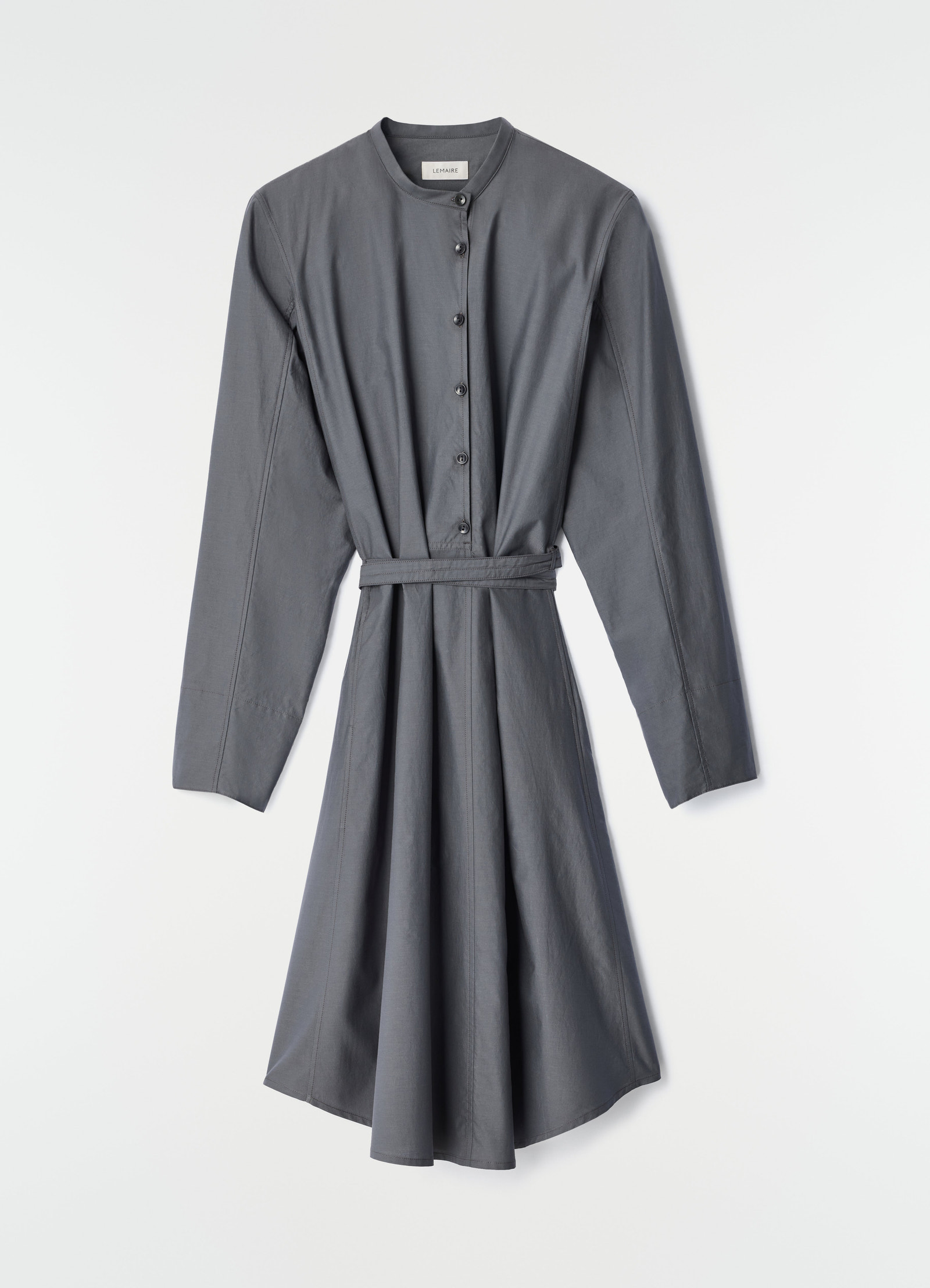 Sailor dress in washed grey cotton and silk blend with belt detail by lemaire on plain white background