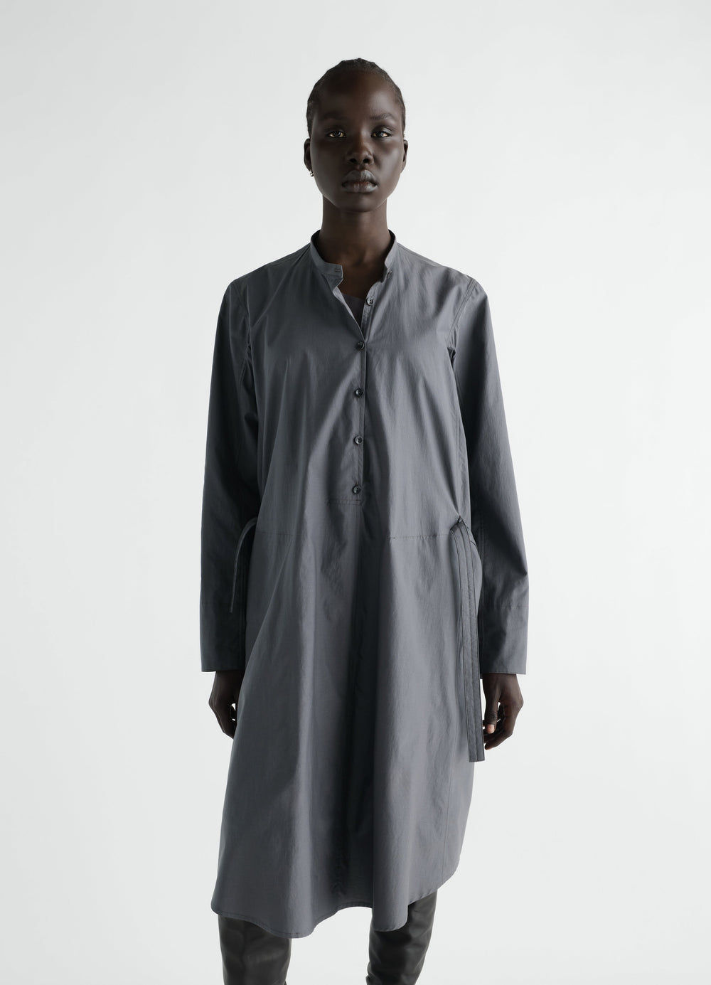 LEMAIRE grey washed cotton silk blend Sailor Dress with buttons worn by model front view