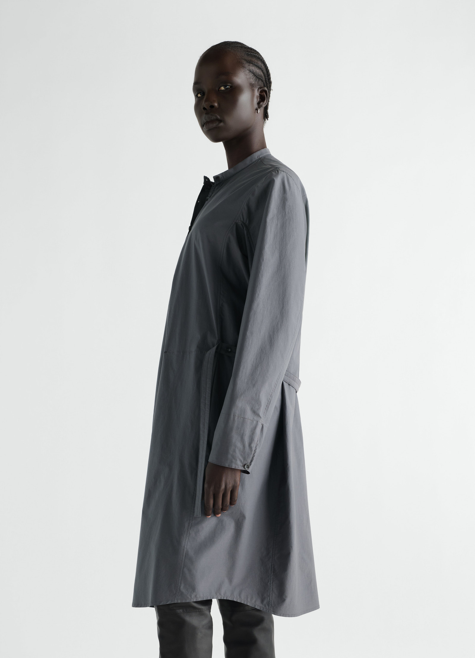 Sailor dress in washed grey cotton-silk blend by lemaire worn by model side view