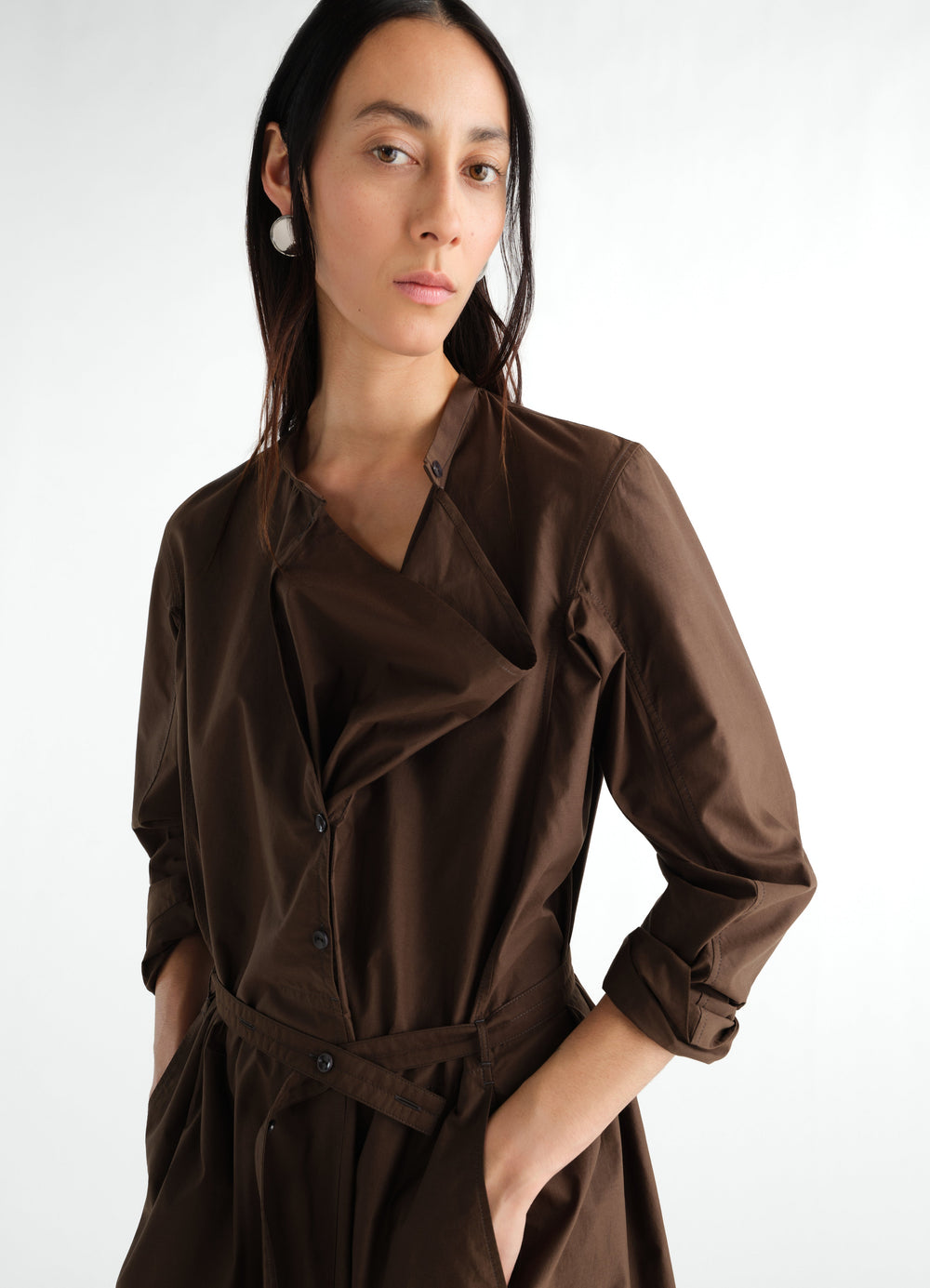 LEMAIRE brown washed cotton silk blend Sailor Dress worn by model with belted waist and rolled sleeves front view