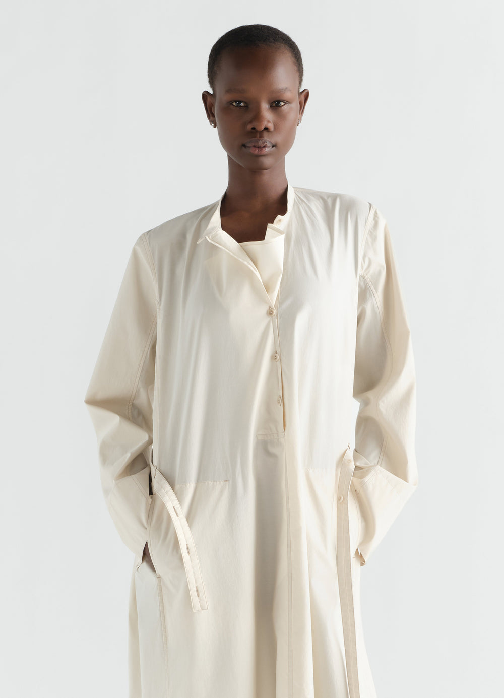 Sailor dress in washed cotton and silk blend cream worn by model front LEMAIRE
