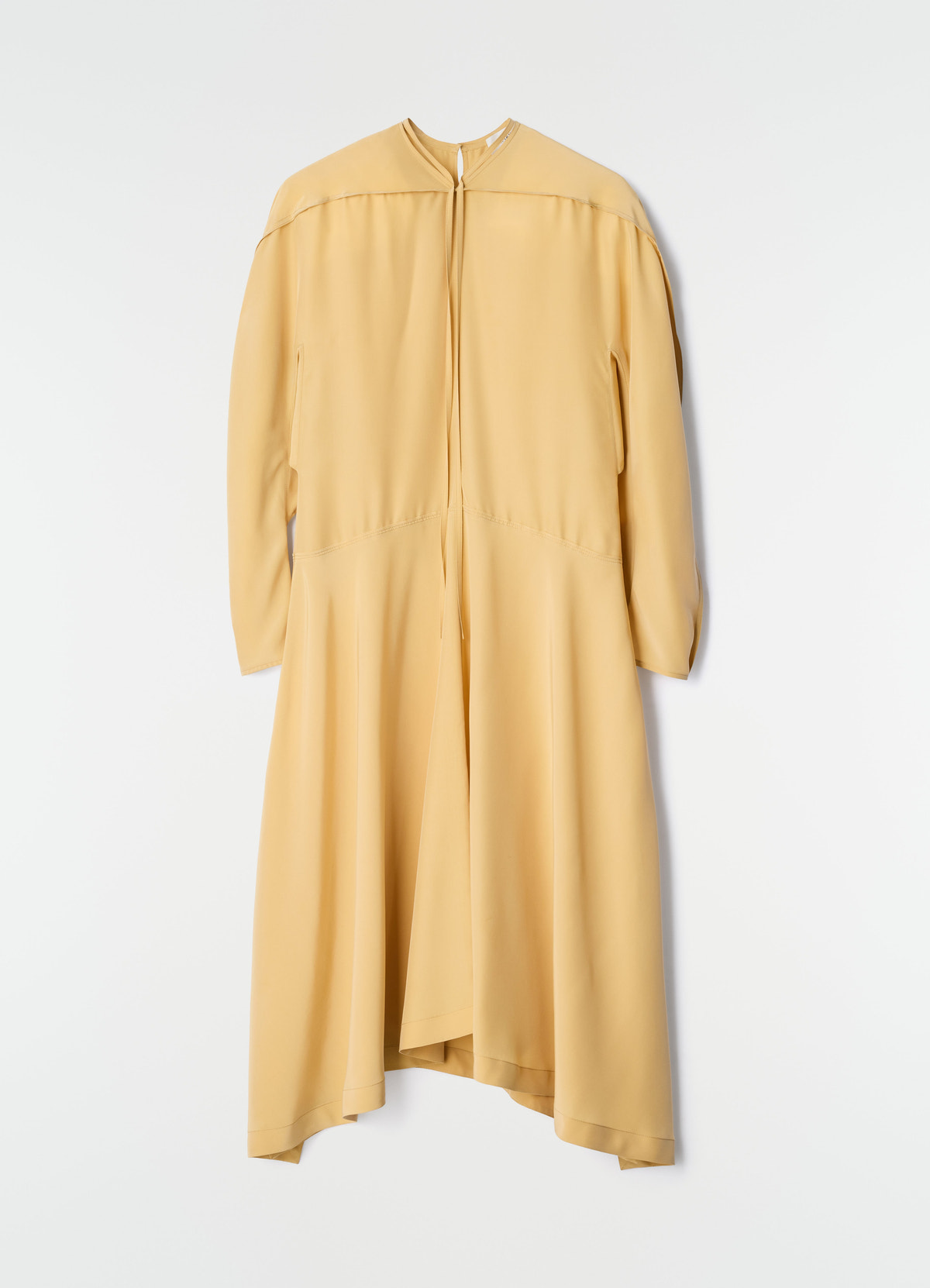 Midi dress in yellow silk and viscose cloth by lemaire hanging against white background back view
