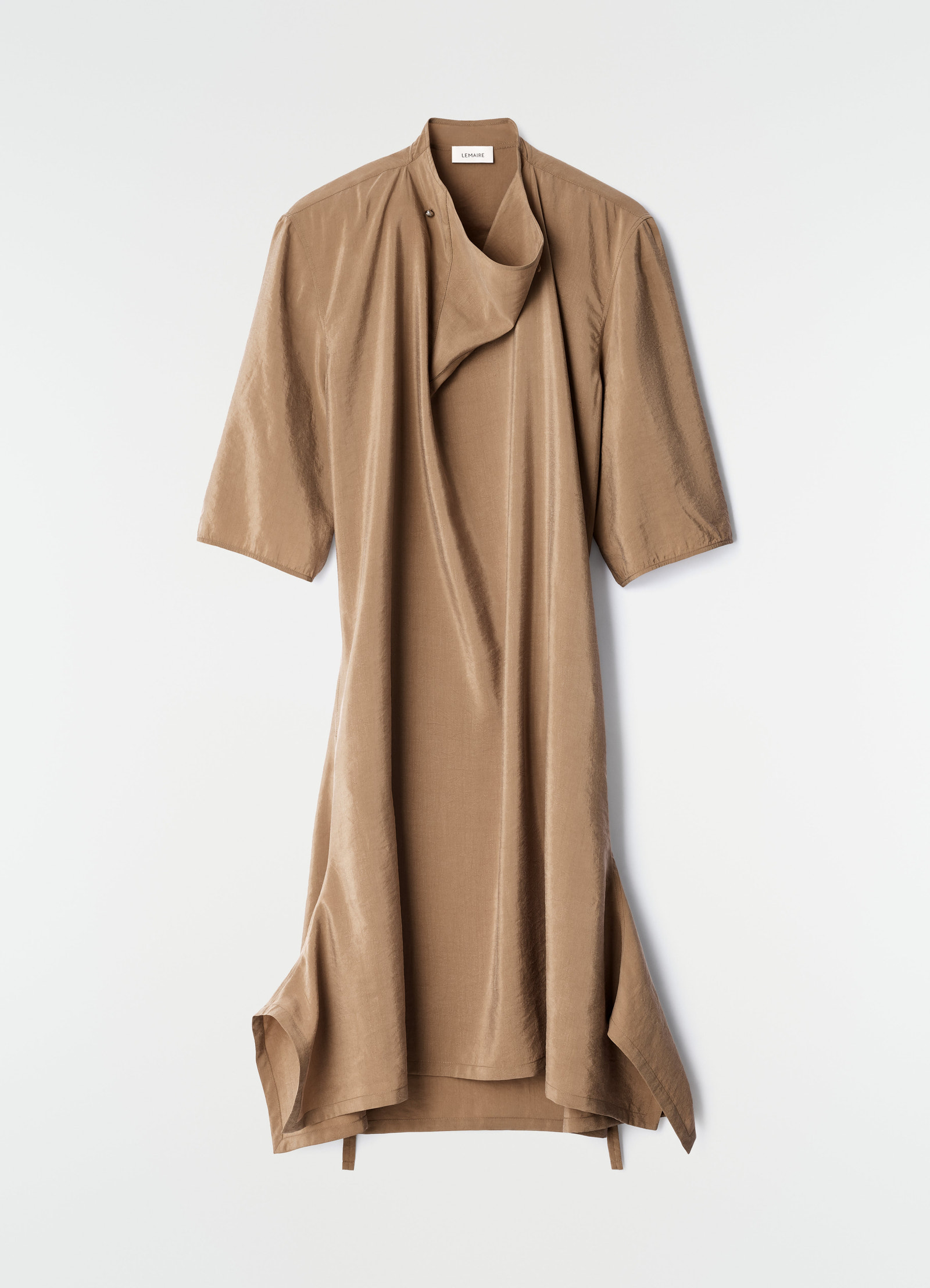 Soft-collar dry silk dress in beige by lemaire laid flat with draped neckline and short sleeves