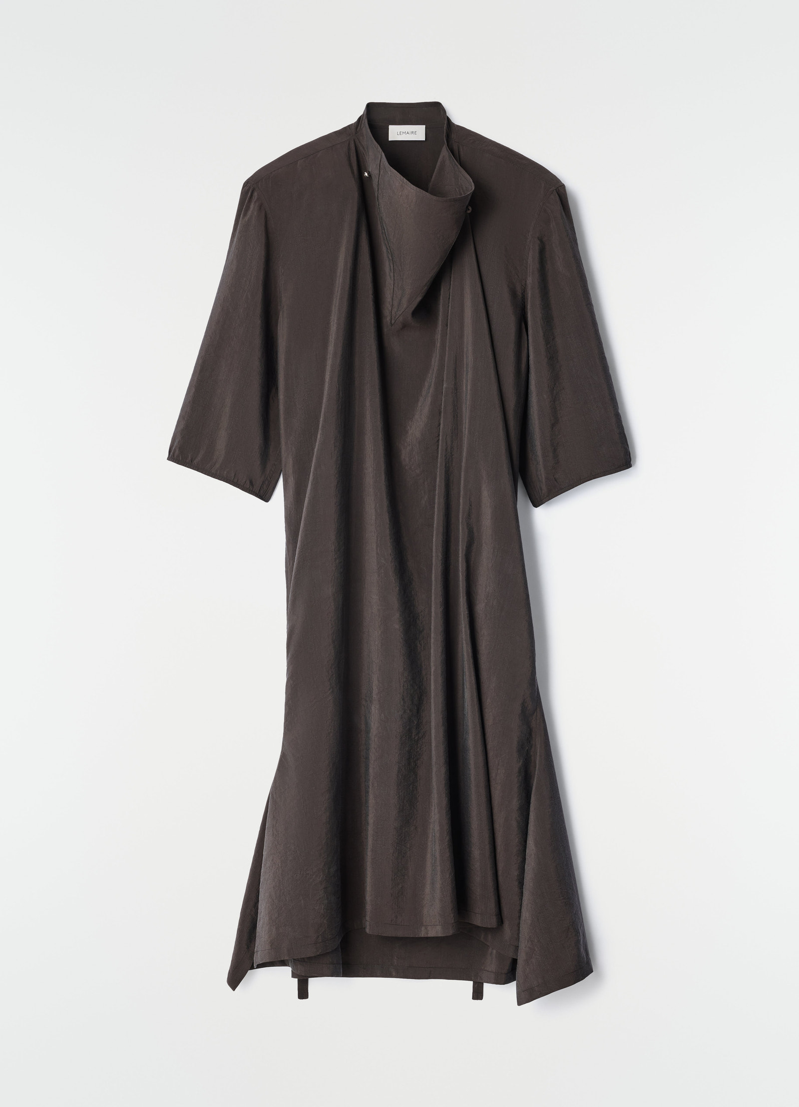 Soft-collar brown dry silk dress by lemaire flat lay with mid sleeves and draped front detail