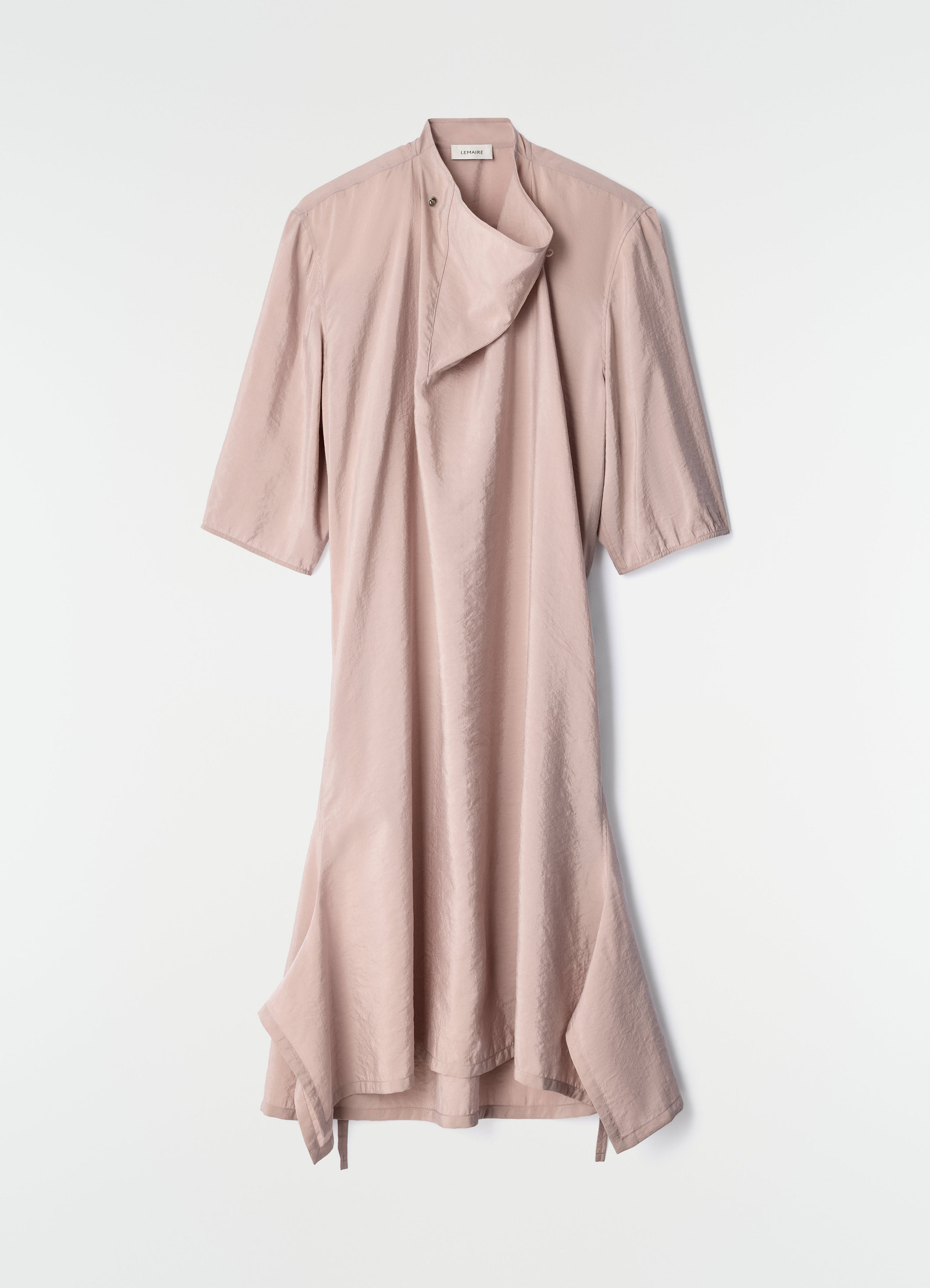 Soft-collar light pink dry silk dress by lemaire hanging on white background front view