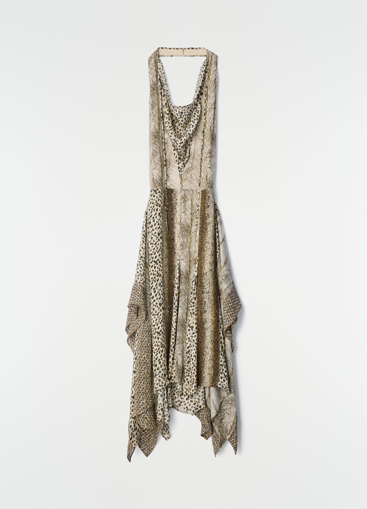 Panelled feather and leopard print viscose dress in beige and gold by lemaire, front view on plain white background