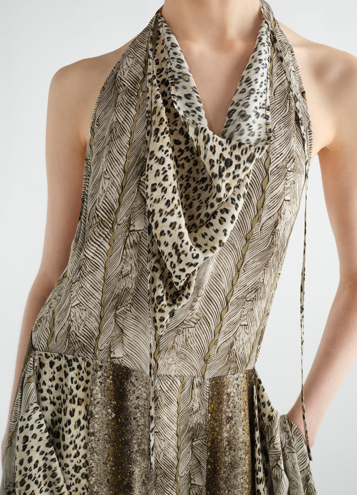 Panelled feather and leopard print viscose dress lemaire worn by model front close-up detail