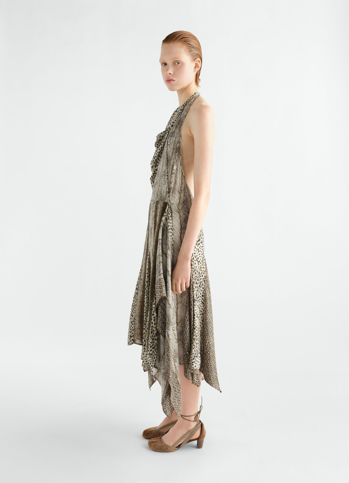 Panelled feather print viscose dress in beige and brown worn by model side view lemaire
