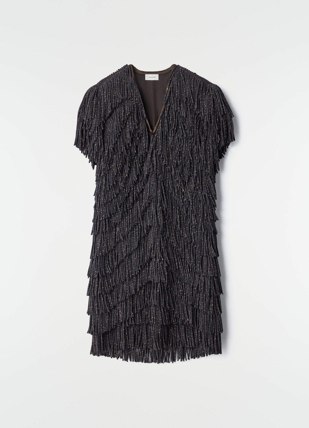 Fringed black snake print dry silk dress by lemaire flat lay on white background showing front view