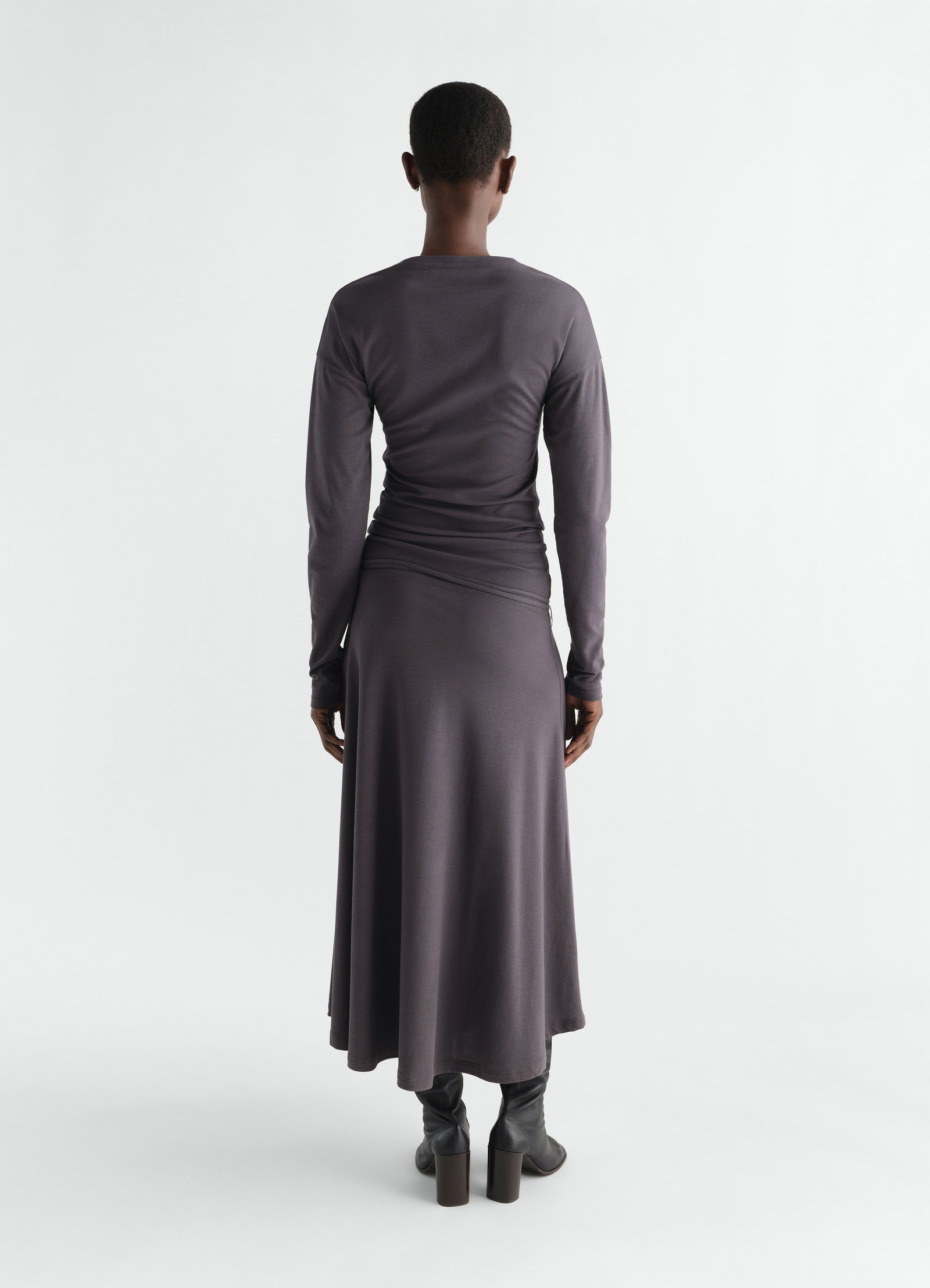Fluid long-sleeve dress in silky jersey crepe dark gray worn by model back view lemaire