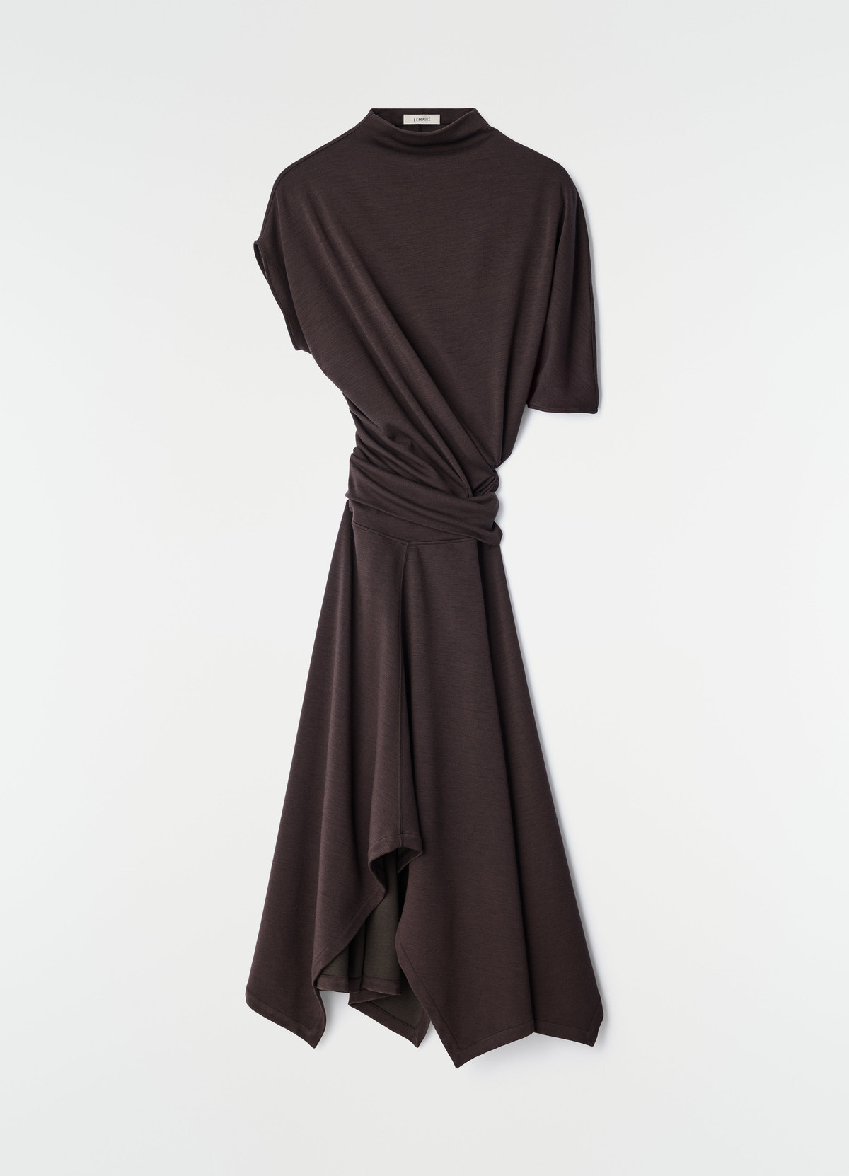 Twisted brown wool-blend jersey dress by lemaire hanging flat with draped silhouette and high neckline