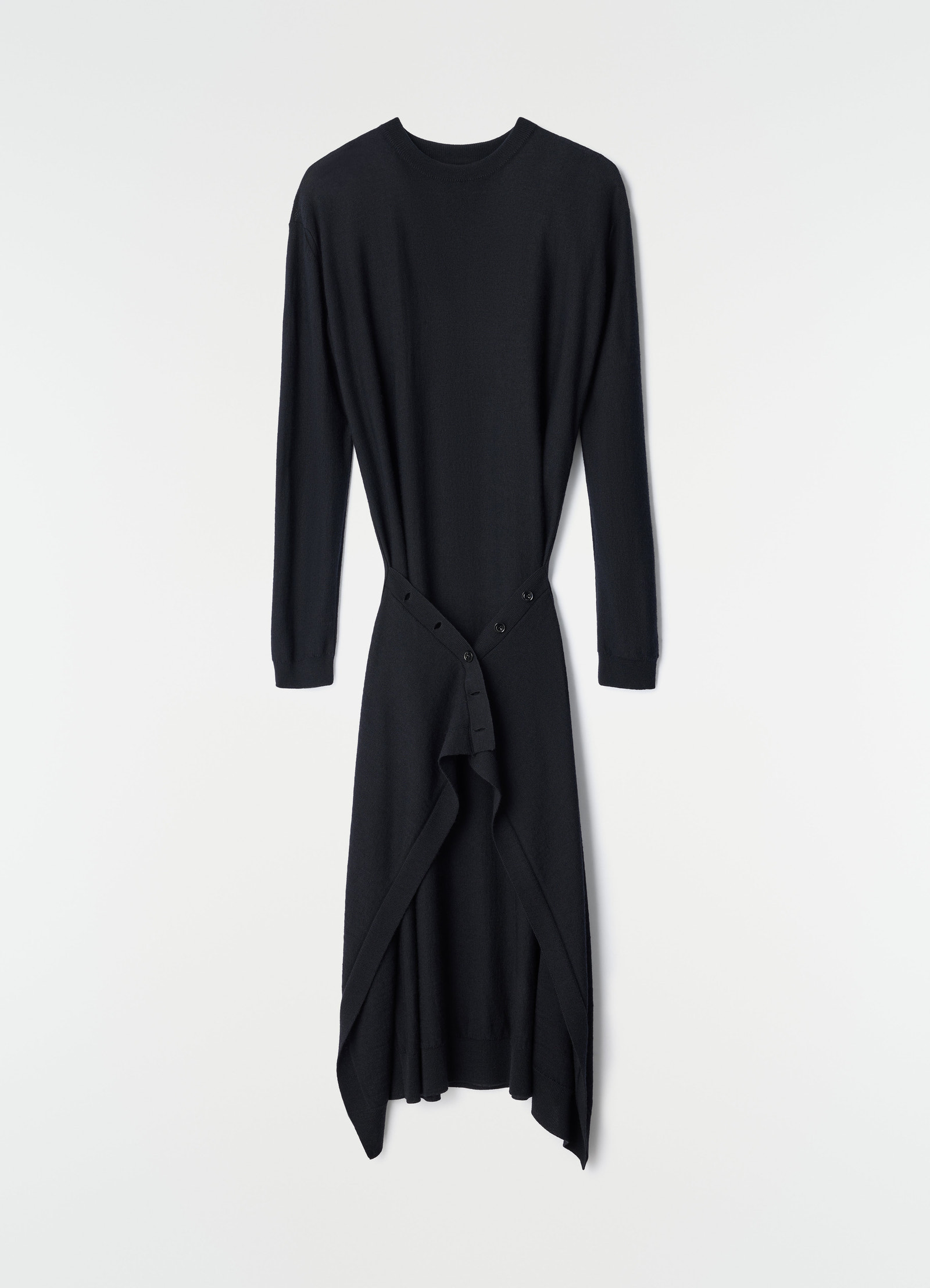 Buttoned black merino wool blend dress by lemaire hanging with long sleeves and asymmetrical hem on white background