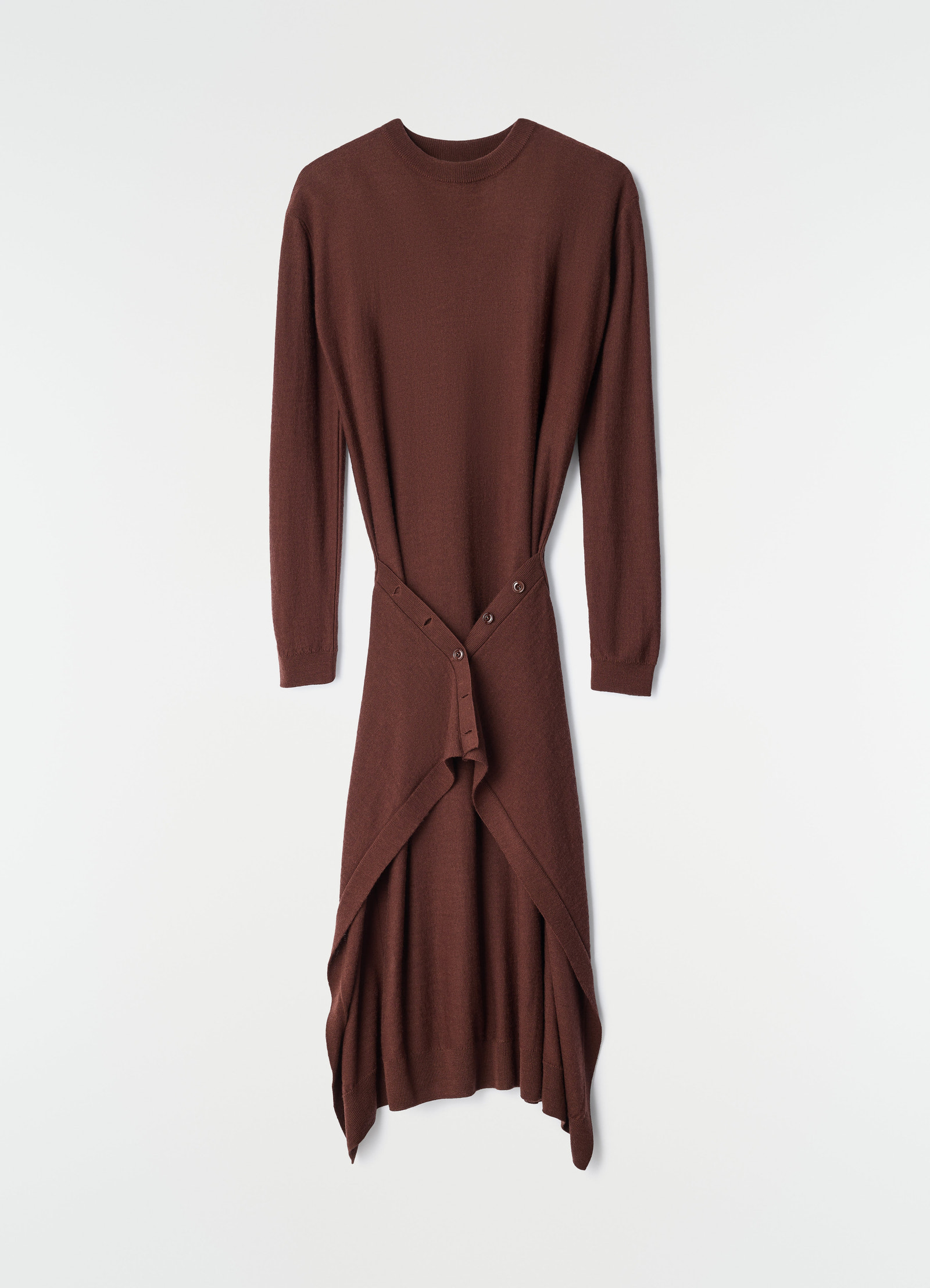 Buttoned brown merino wool blend dress by lemaire on plain white background front view