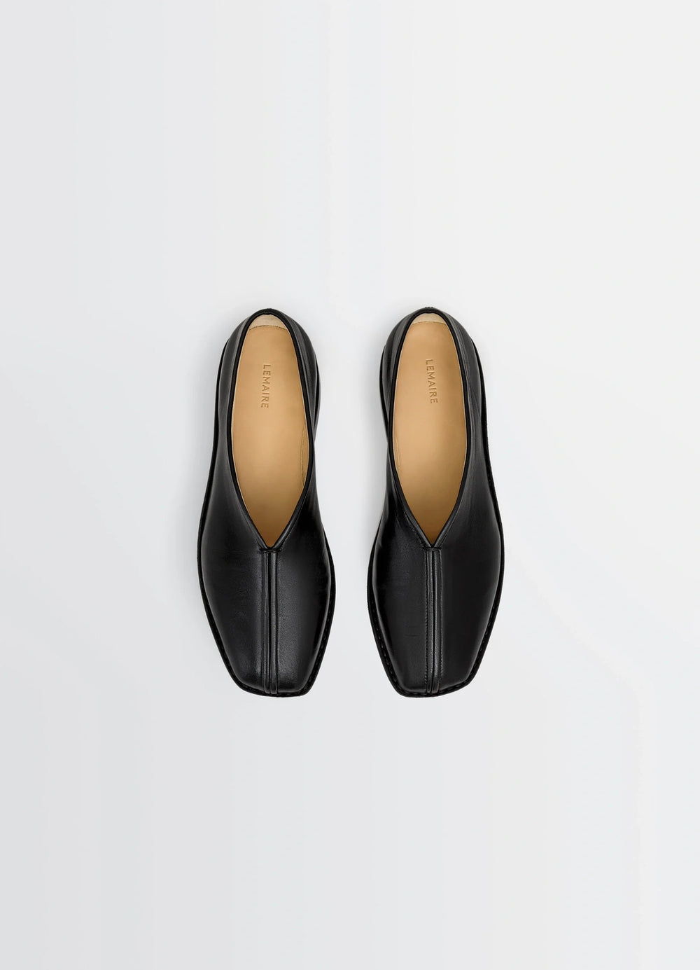 Lemaire Piped Slippers in Black Nappa Lamb Leather, product shot, top view sewn seam detail