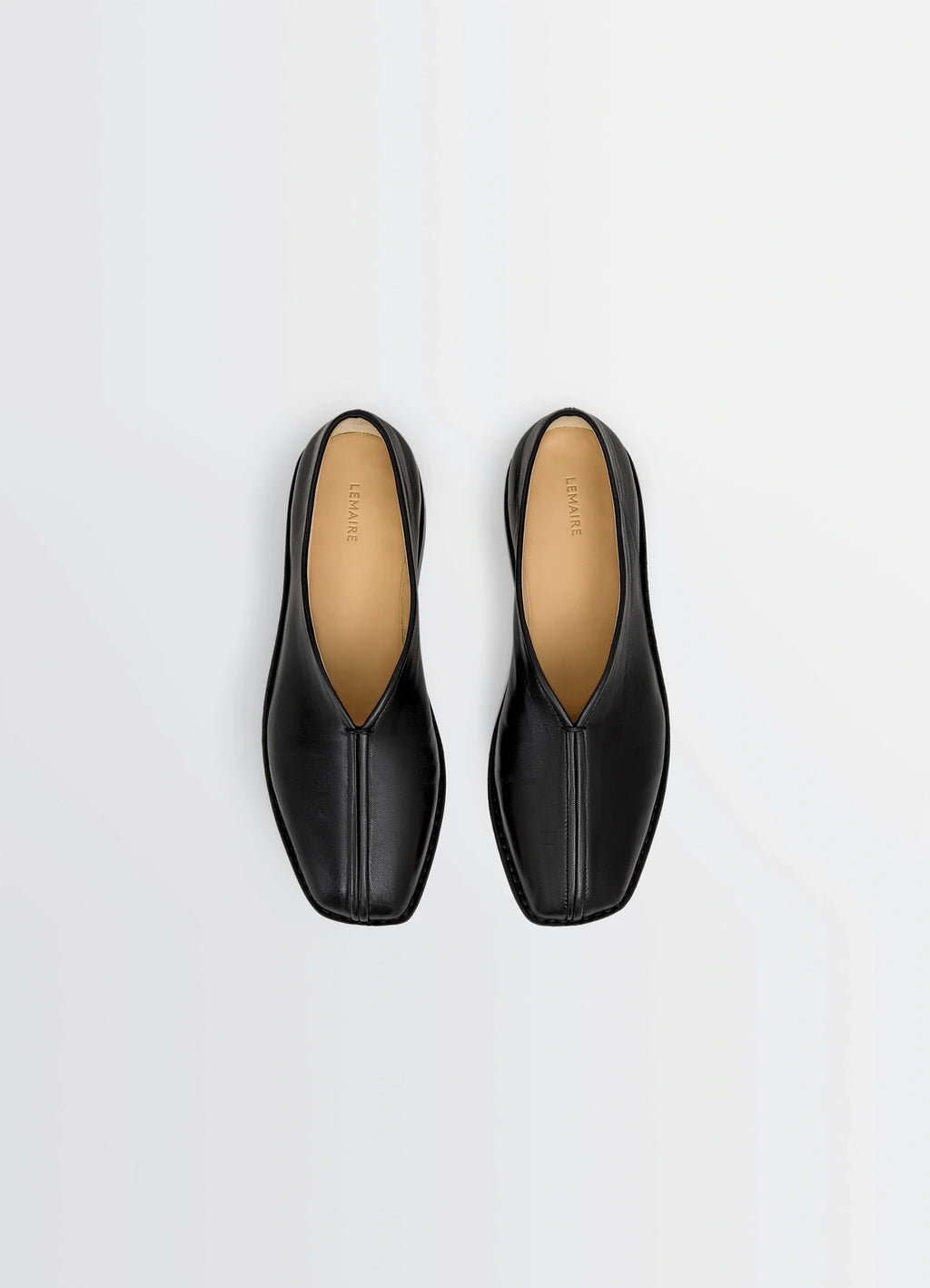 Lemaire Piped Slippers in Black Nappa Lamb Leather, product shot, top view sewn seam detail
