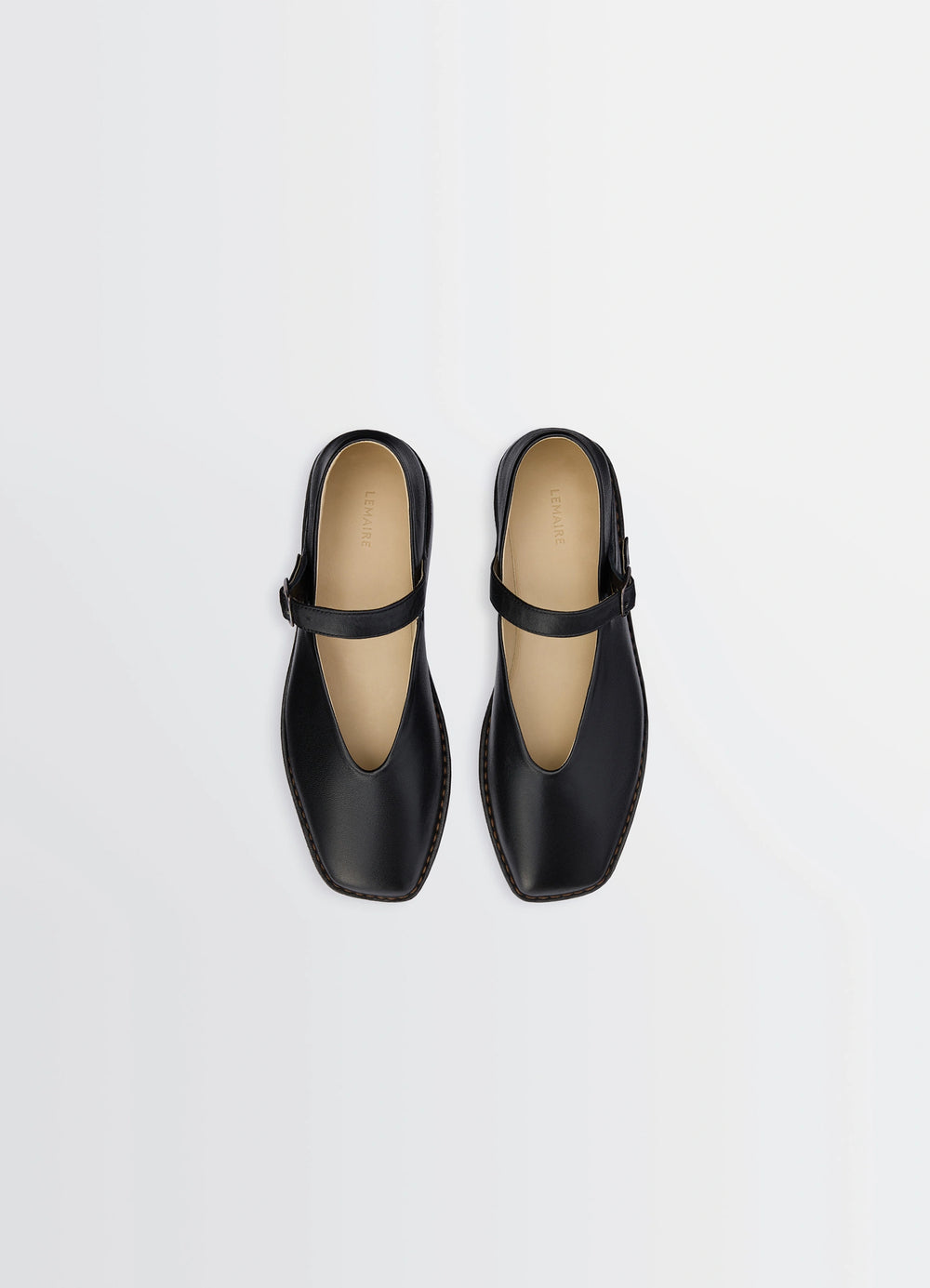 Ballerina Shoes in Black Nappa Lamb Leather, product shot, top-down view square toe, mary jane strap