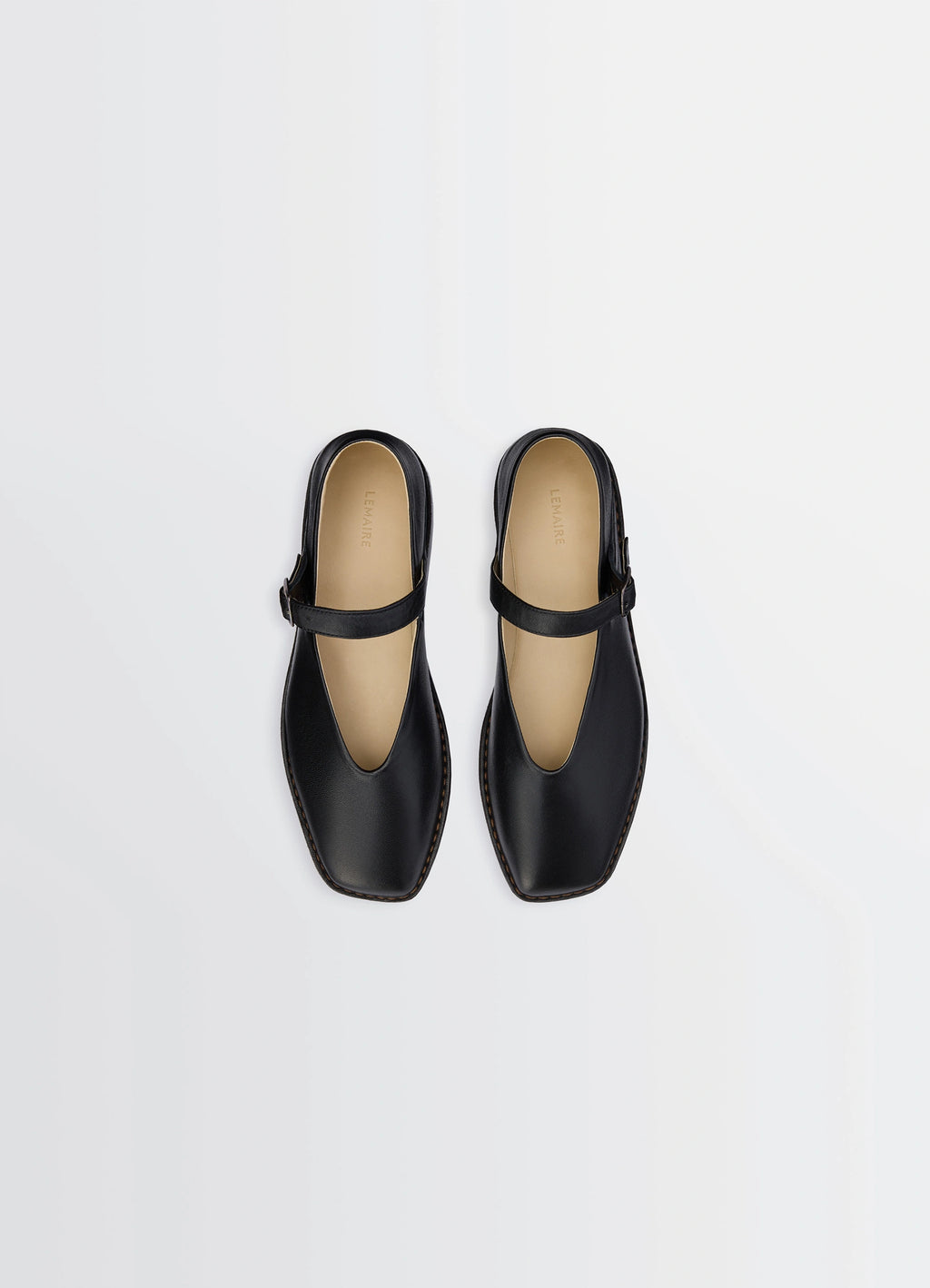 Ballerina Shoes in Black Nappa Lamb Leather, product shot, top-down view square toe, mary jane strap