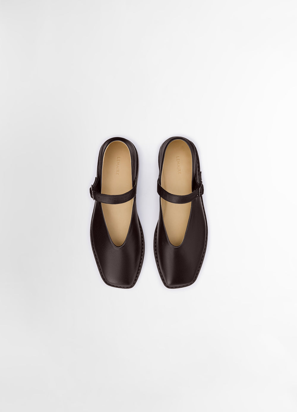 Lemaire Ballerina Shoes in Smooth Lamb Nappa Leather, product shot, top down detail thin strap accent