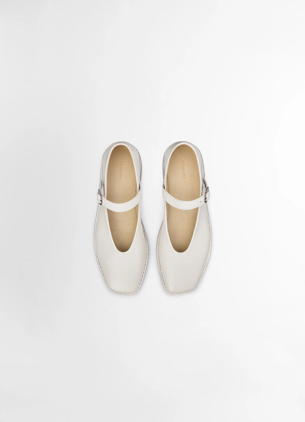 Lemaire Ballerina Shoes in Smooth Lamb Nappa Leather, product shot, front detail view adjustable strap focus