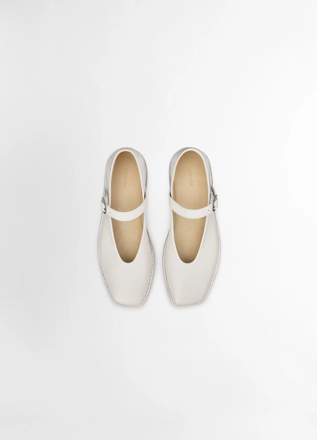 Lemaire Ballerina Shoes in Smooth Lamb Nappa Leather, product shot, front detail view adjustable strap focus