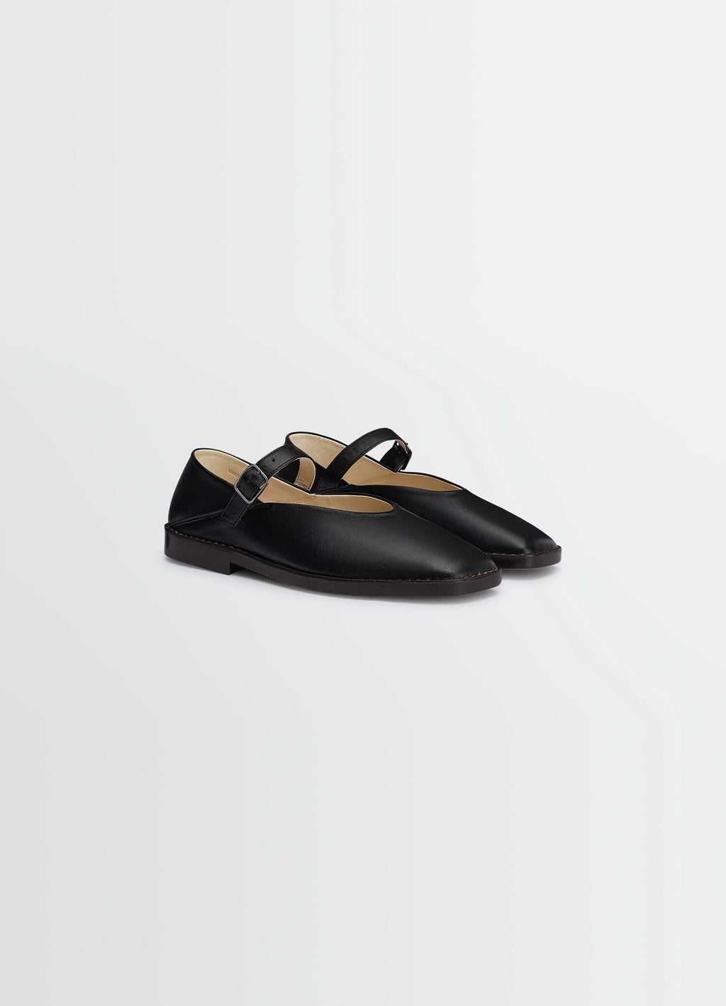 Ballerina Shoes in Black Nappa Lamb Leather, product shot, three-quarter view buckled strap detail